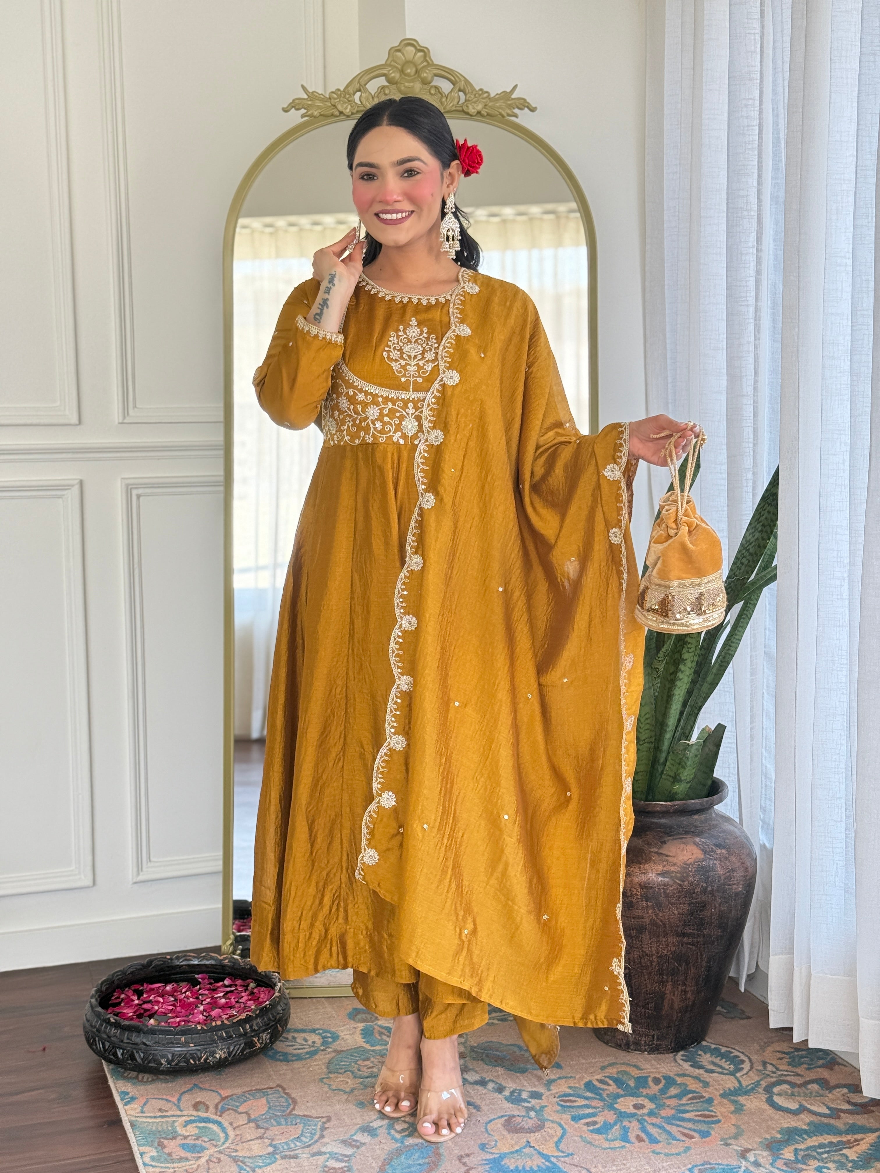 Mustard Kurta Pant Set With Heavy Thread Embroidery Sequins Work