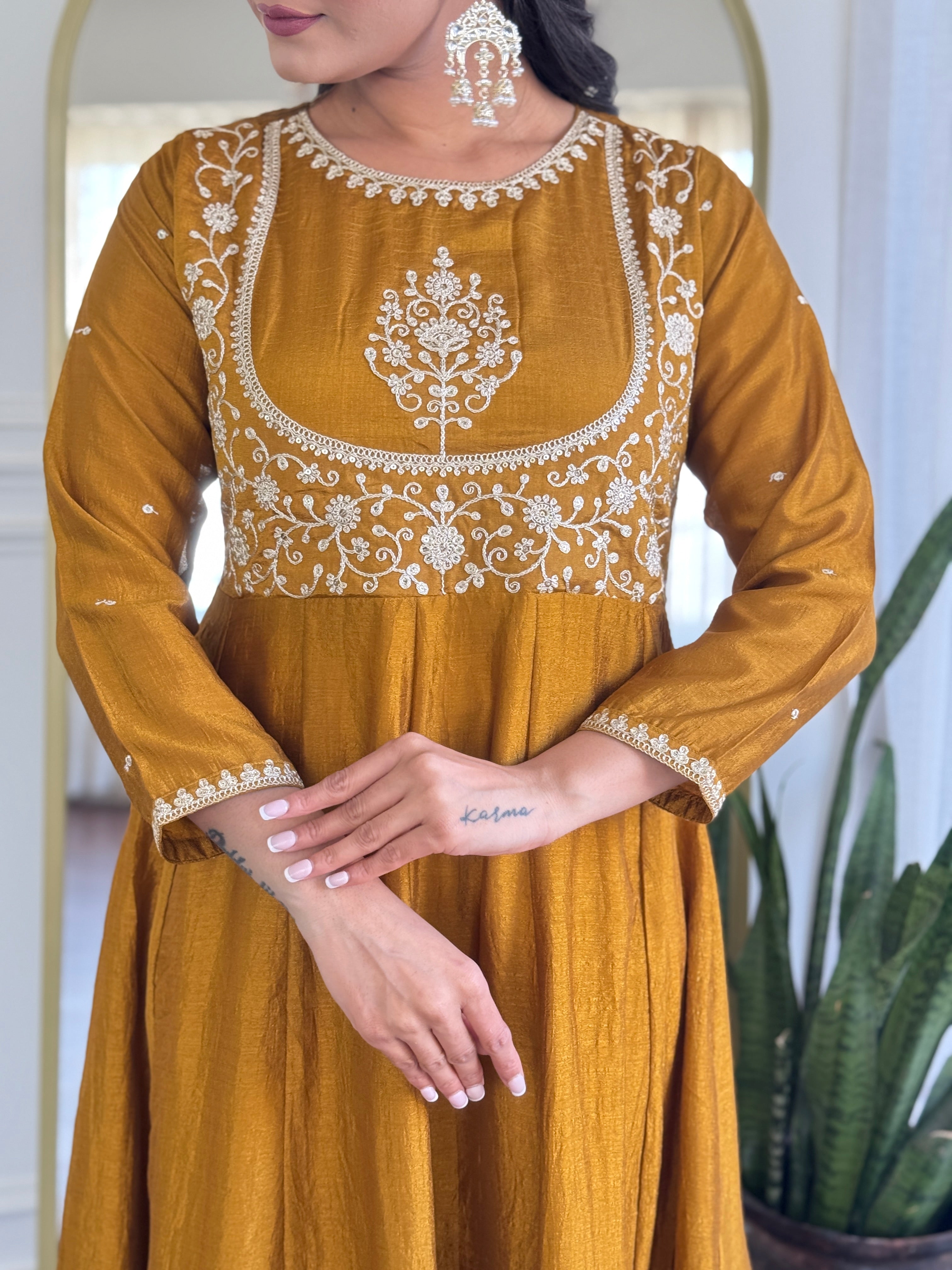Mustard Kurta Pant Set With Heavy Thread Embroidery Sequins Work