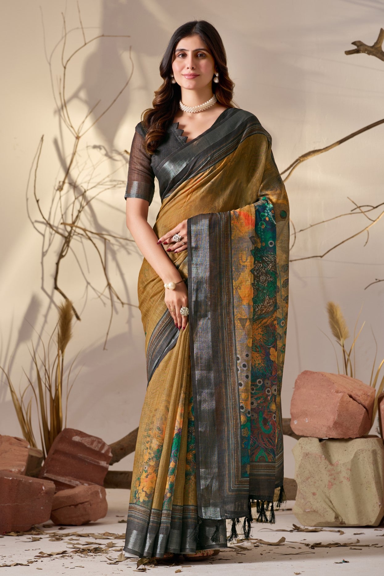 Mustard Linen Cotton Saree With Digital Printed Festive Traditional Saree