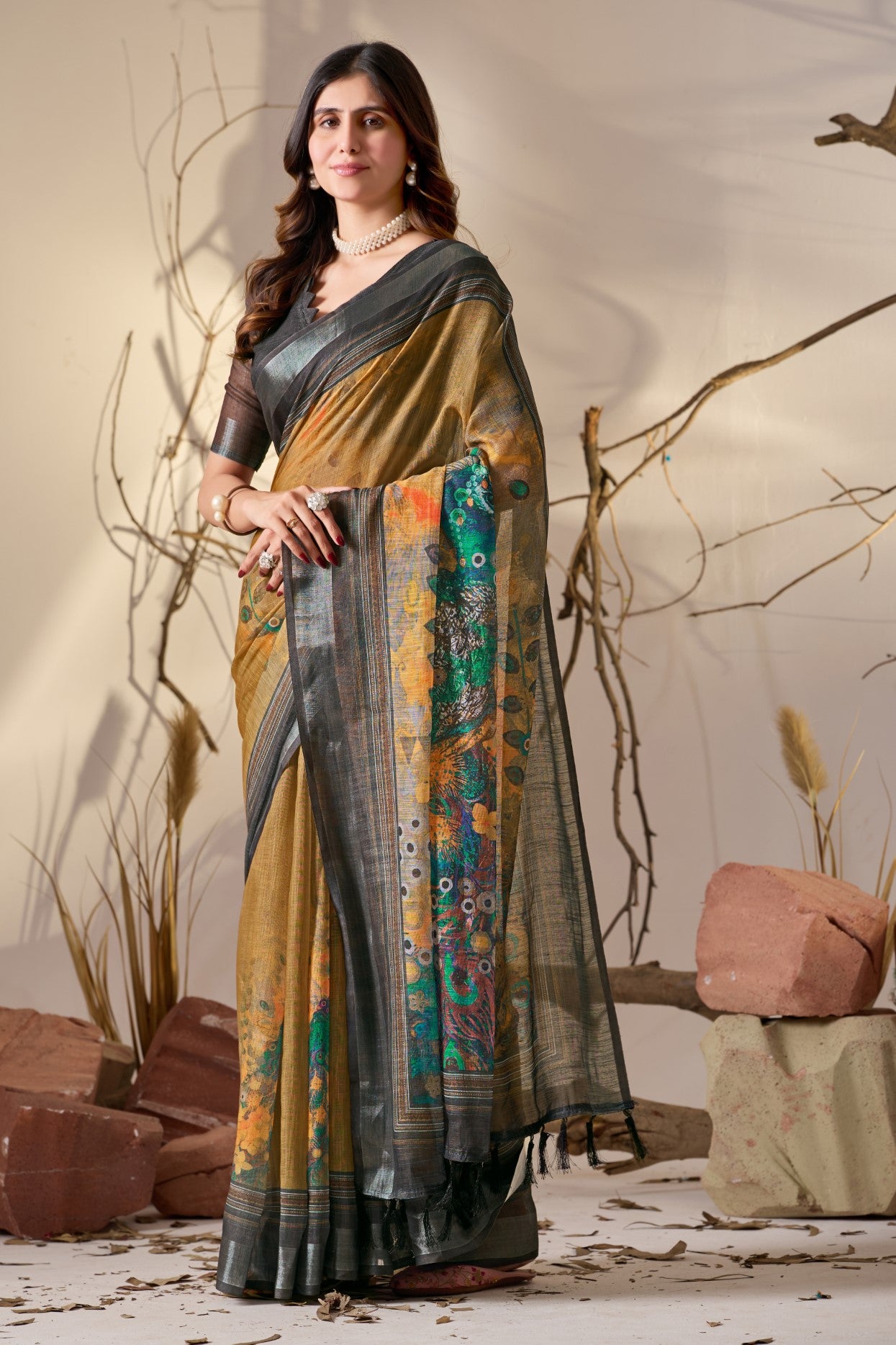 Mustard Linen Cotton Saree With Digital Printed Festive Traditional Saree