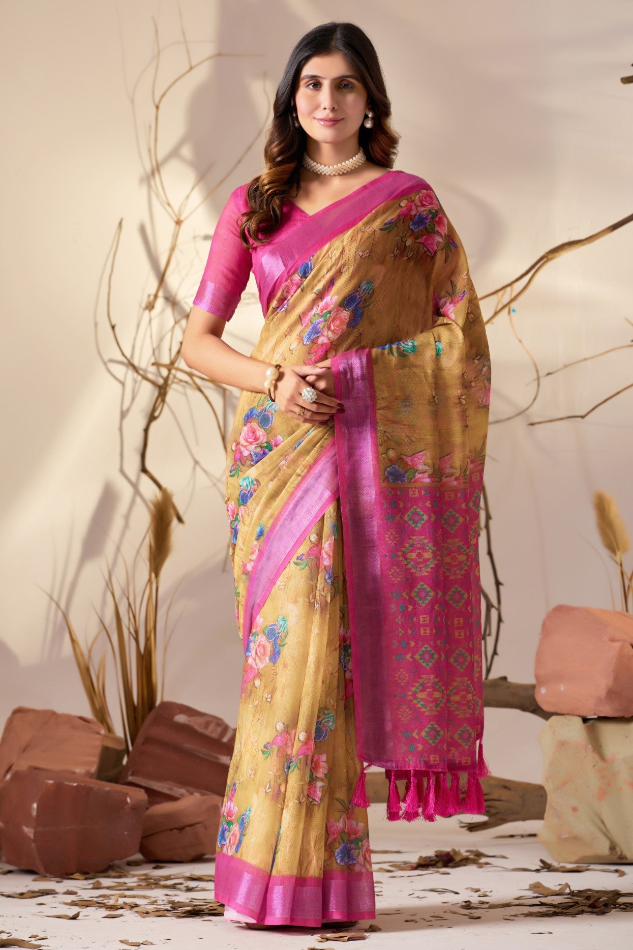 Mustard Linen Cotton Saree with Digital Print