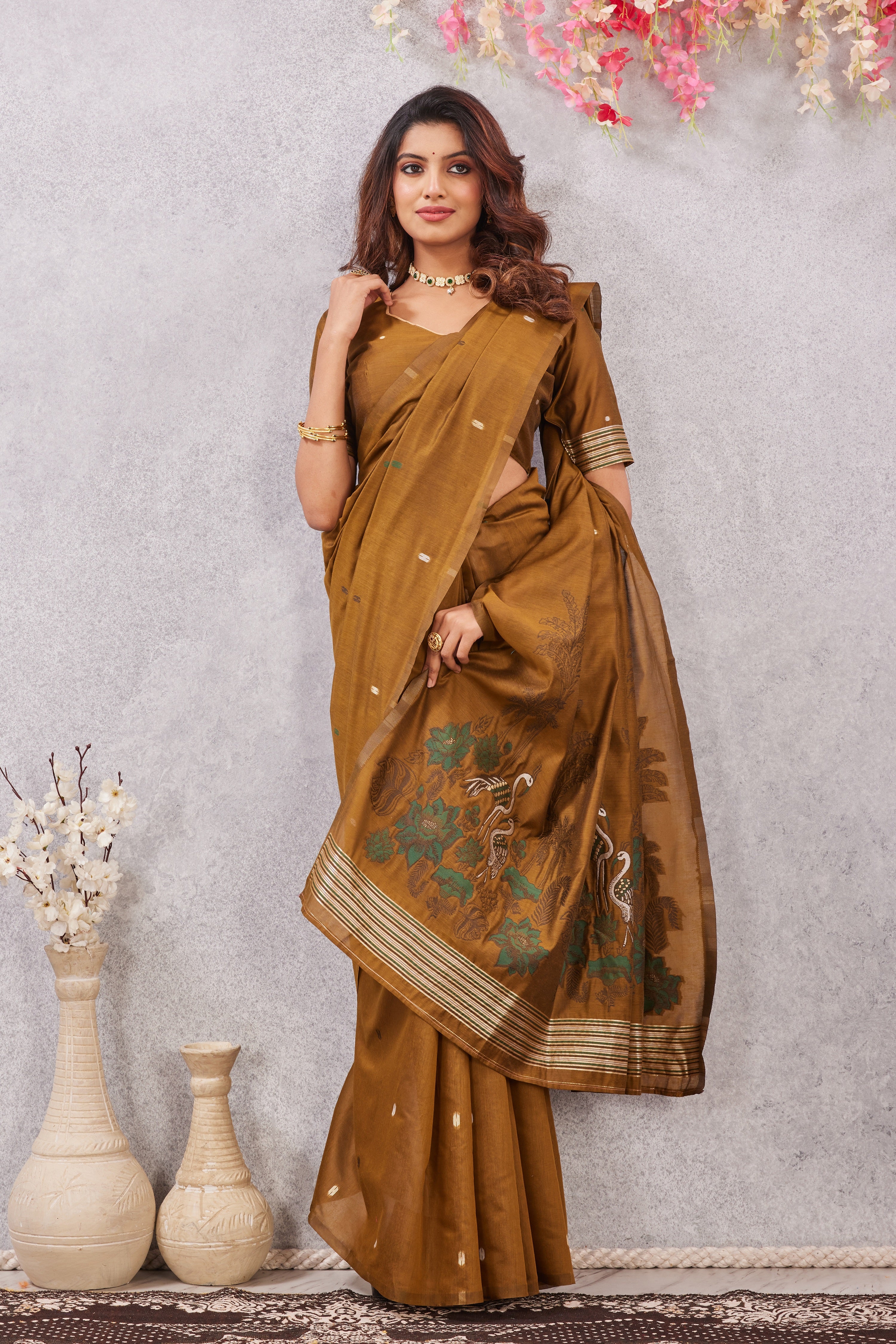 Mustard Linen Cotton Saree with Ethnic Motif Design & Rich Jacquard Pallu
