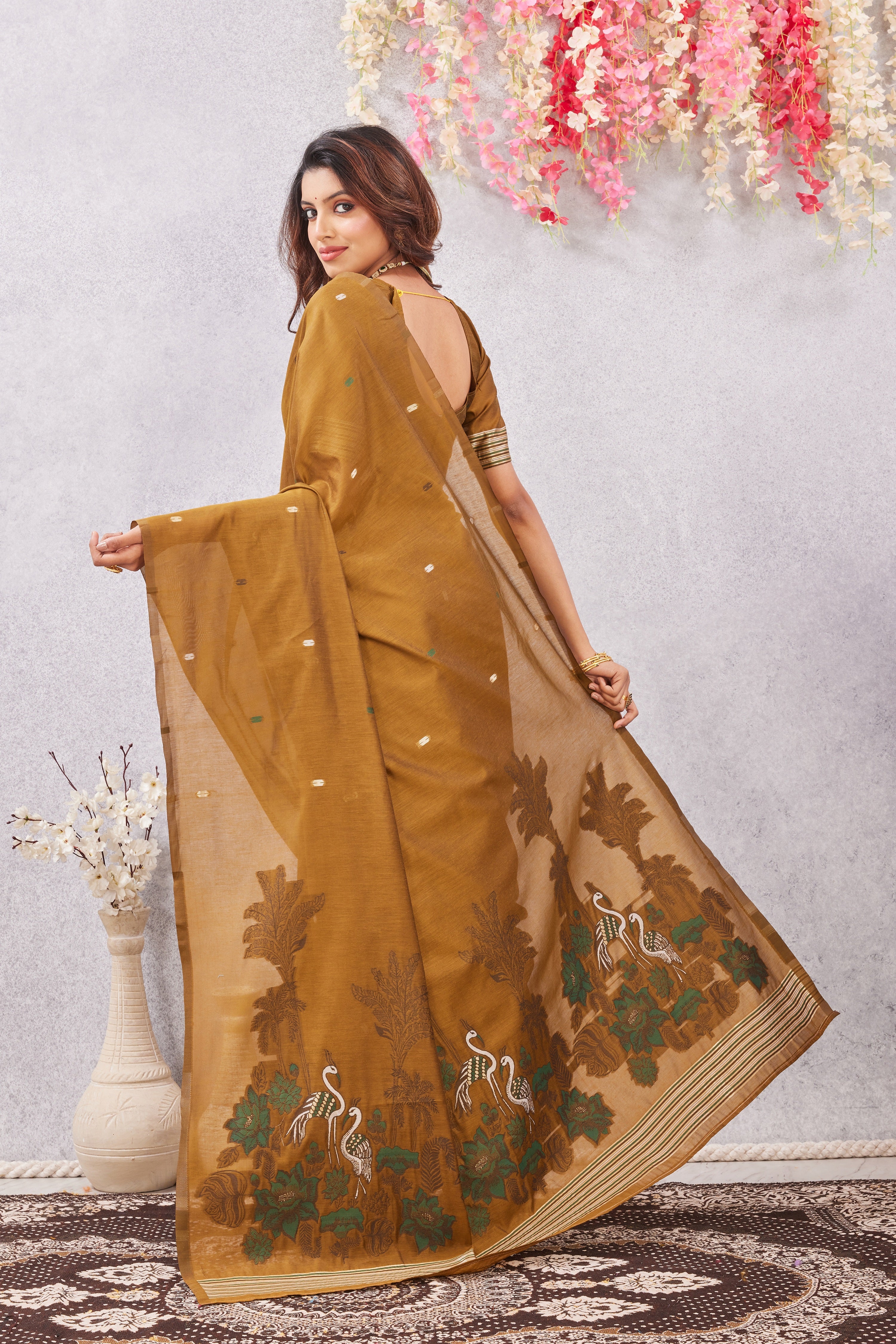 Mustard Linen Cotton Saree with Ethnic Motif Design & Rich Jacquard Pallu