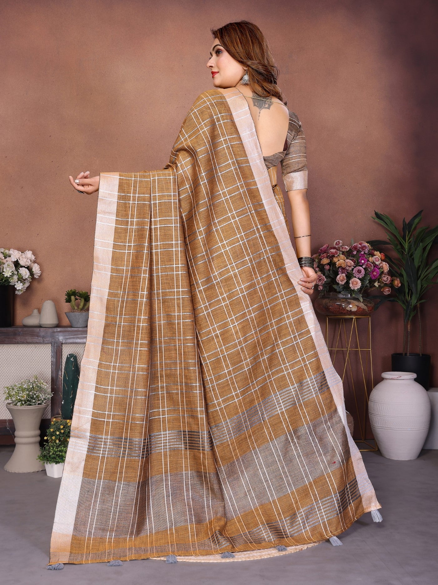 Mustard Linen Saree With Traditional Weaving