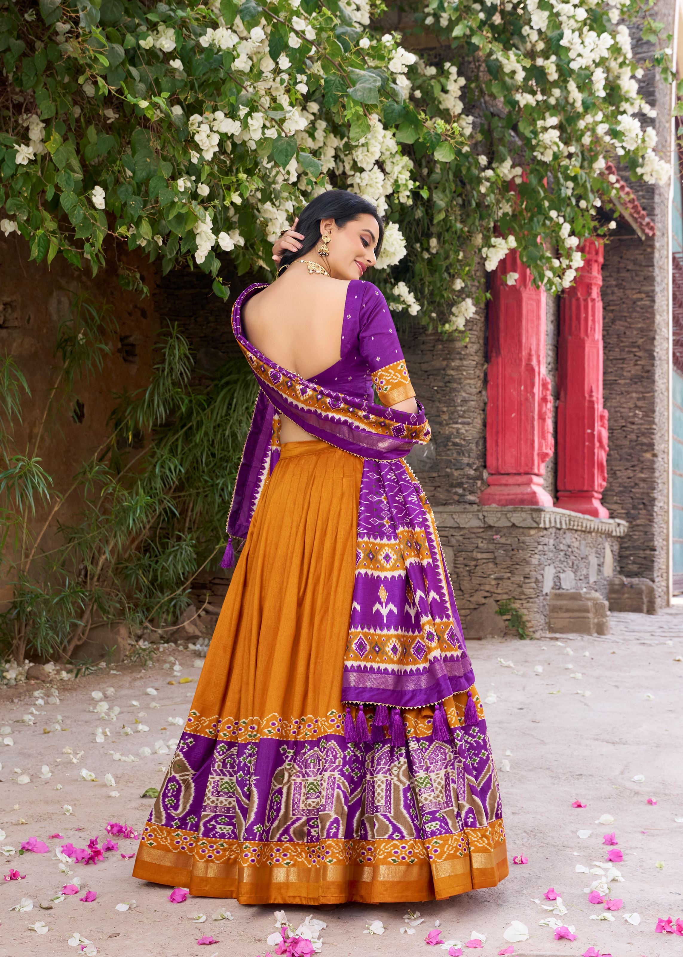 Mustard  Perfection Patola Printed Tussar Silk Lehenga with Foil Highlights