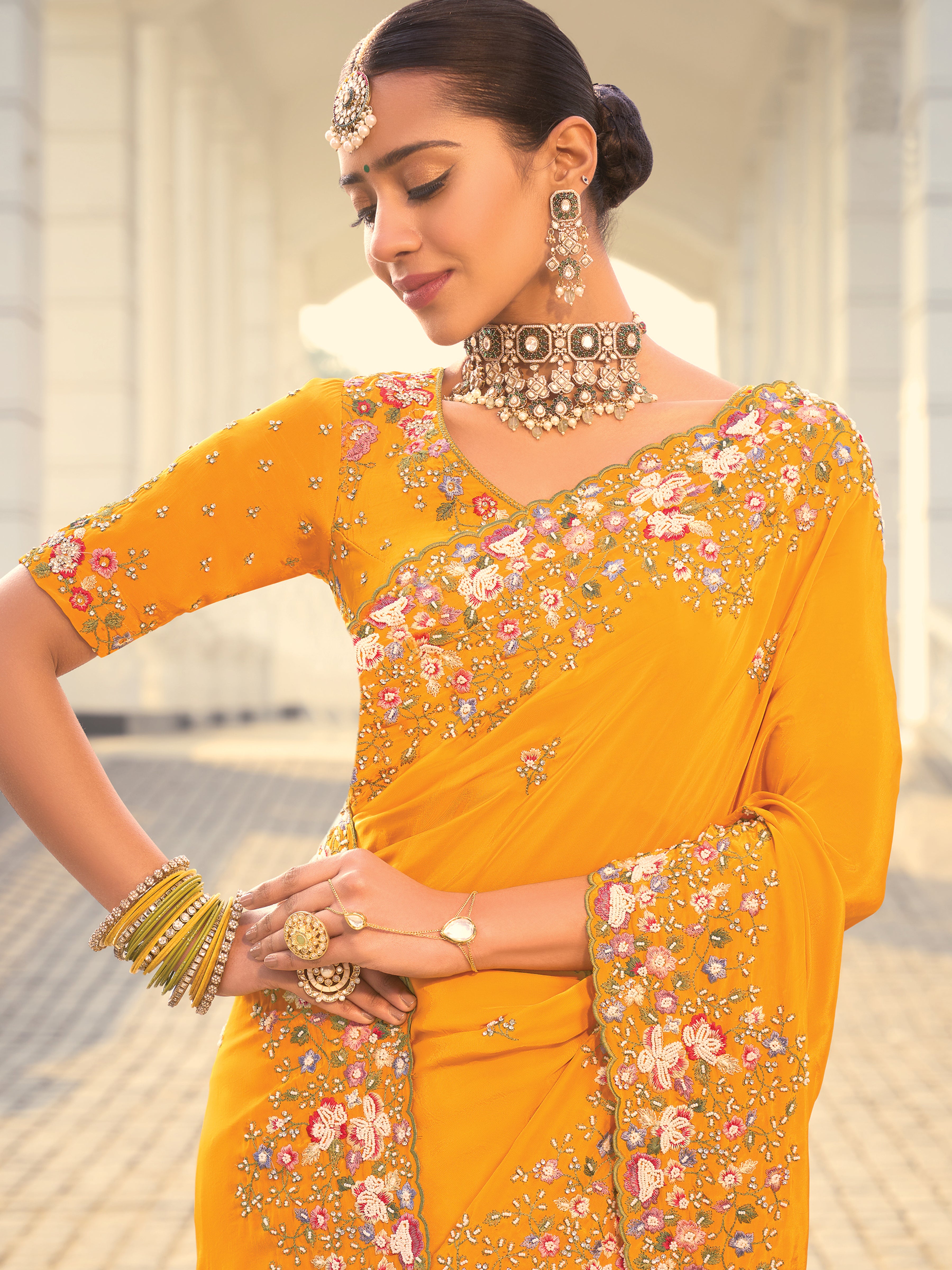 Mustard Pure Crepe Saree With Embroidery Work