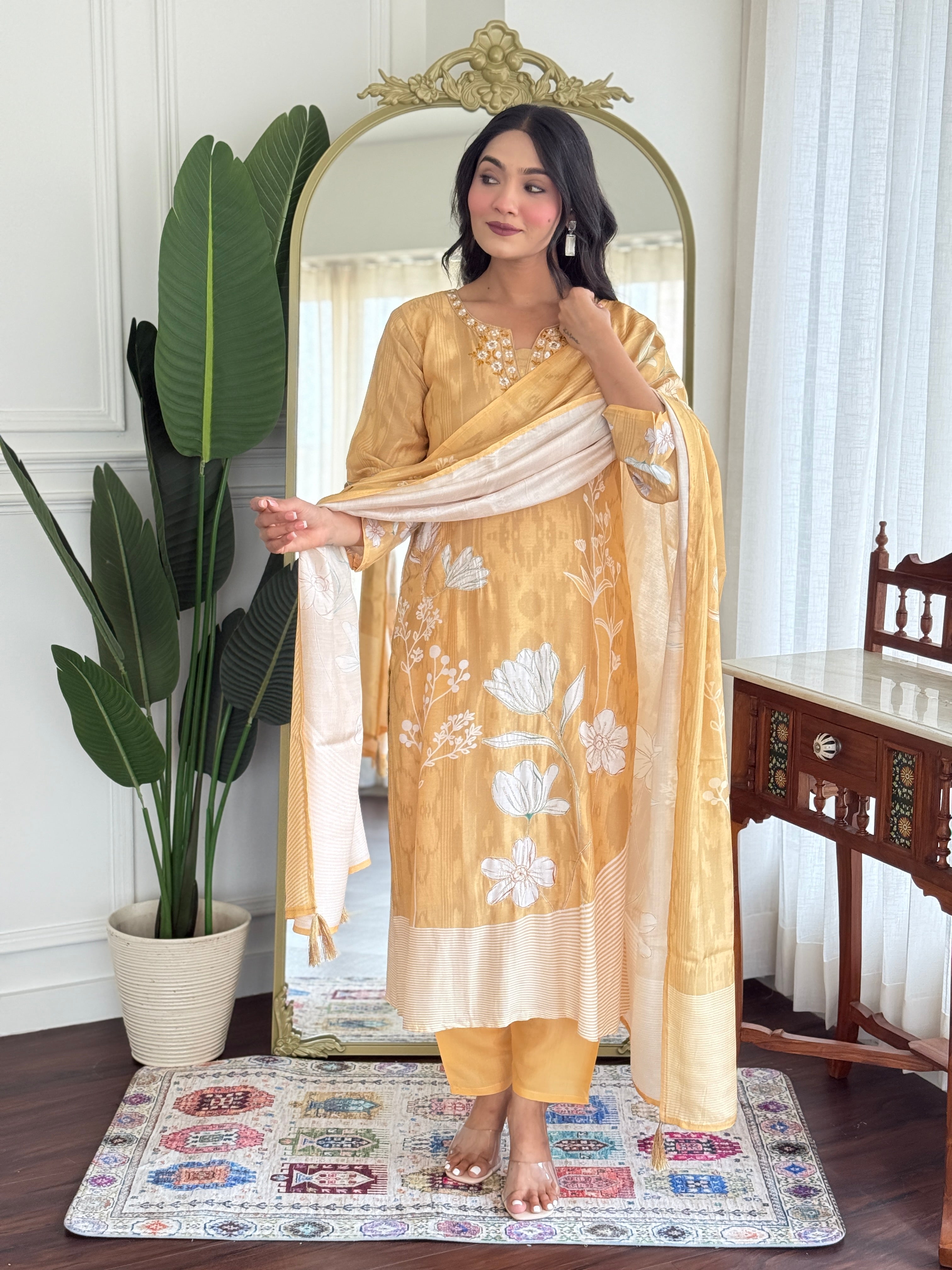 Mustard Pure Muslin Kurta Pant Set With Heavy Thread Embroidery Work With Digital Print