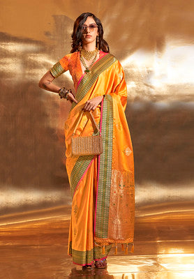 Mustard Pure Satin Silk Saree With  Jacquard Woven Work