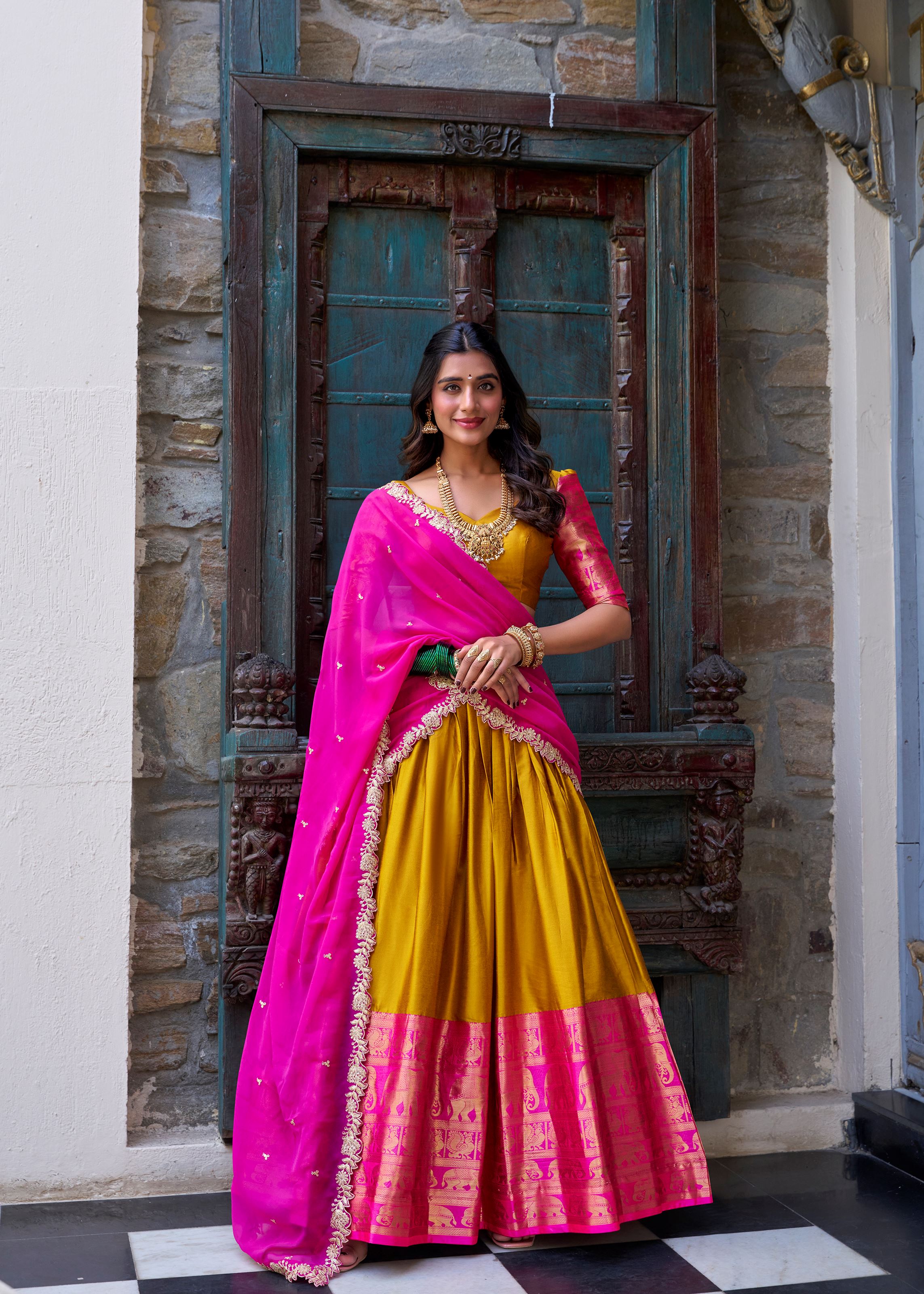 Mustard Radiance Narayan Pattu Lehenga Embellished With Exquisite Zari Weaves