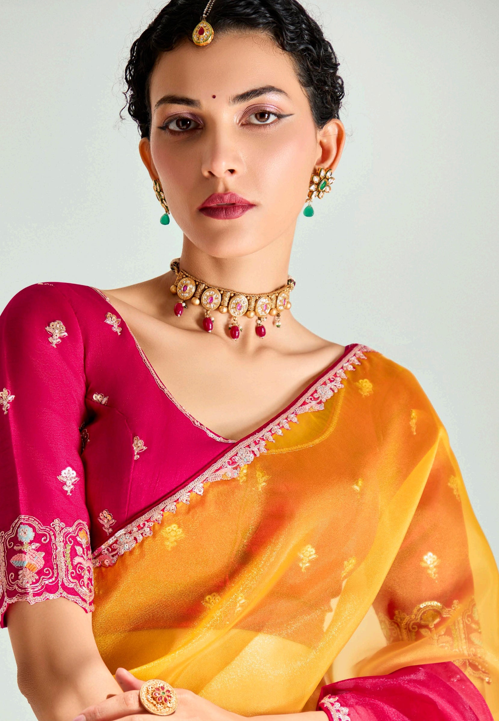 Mustard  Rani Organza Saree with Embroidered Blouse