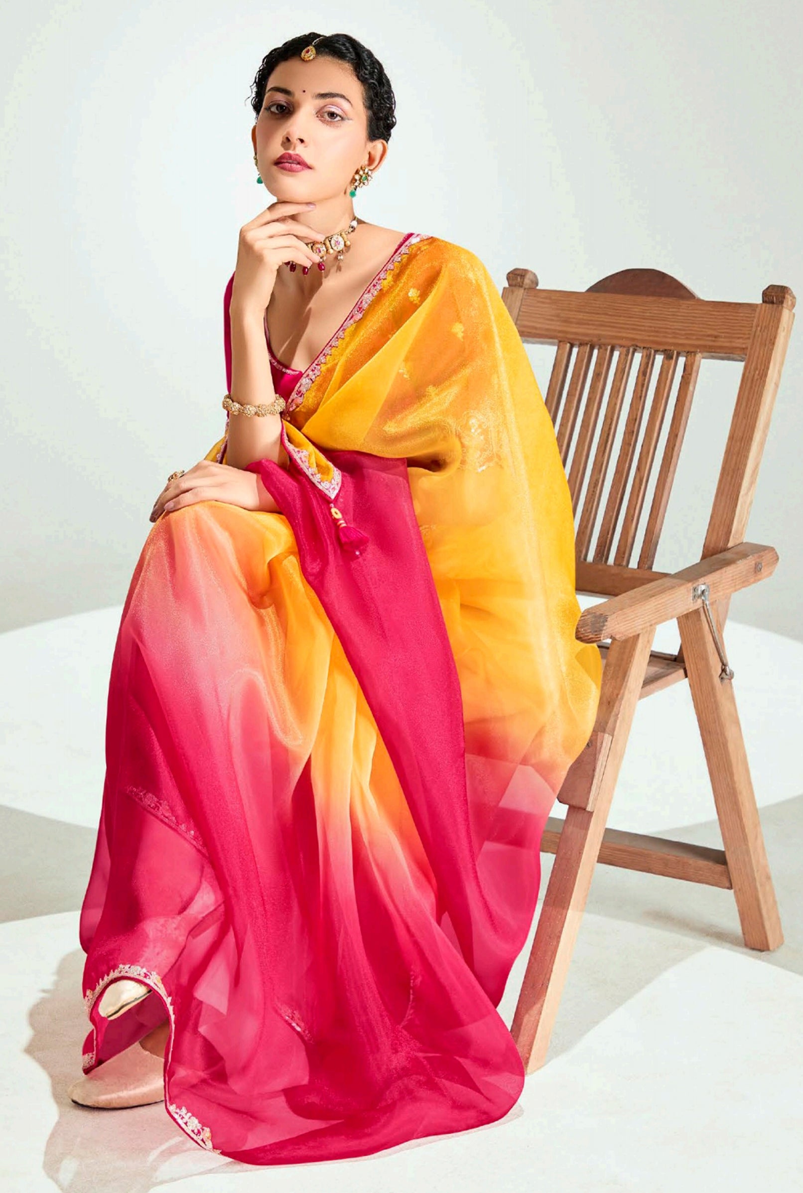 Mustard  Rani Organza Saree with Embroidered Blouse