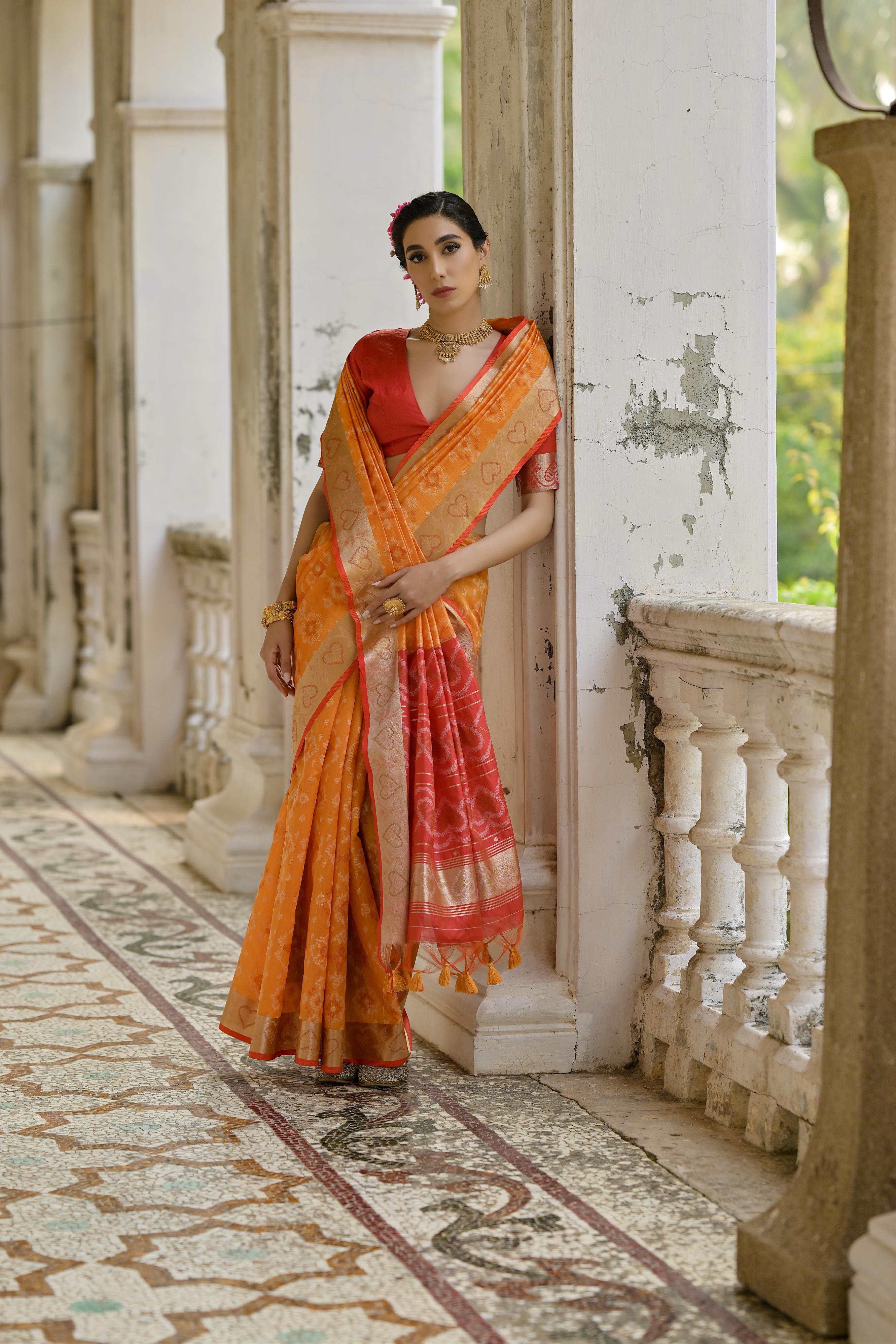 Mustard Raw Silk Woven Ikat Designer Ceremonial Saree