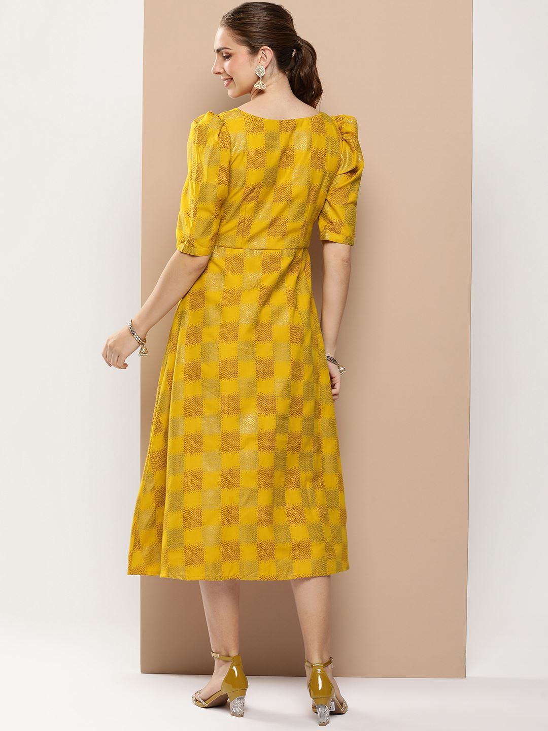 Mustard Rayon Dress With Plain and Foil Print