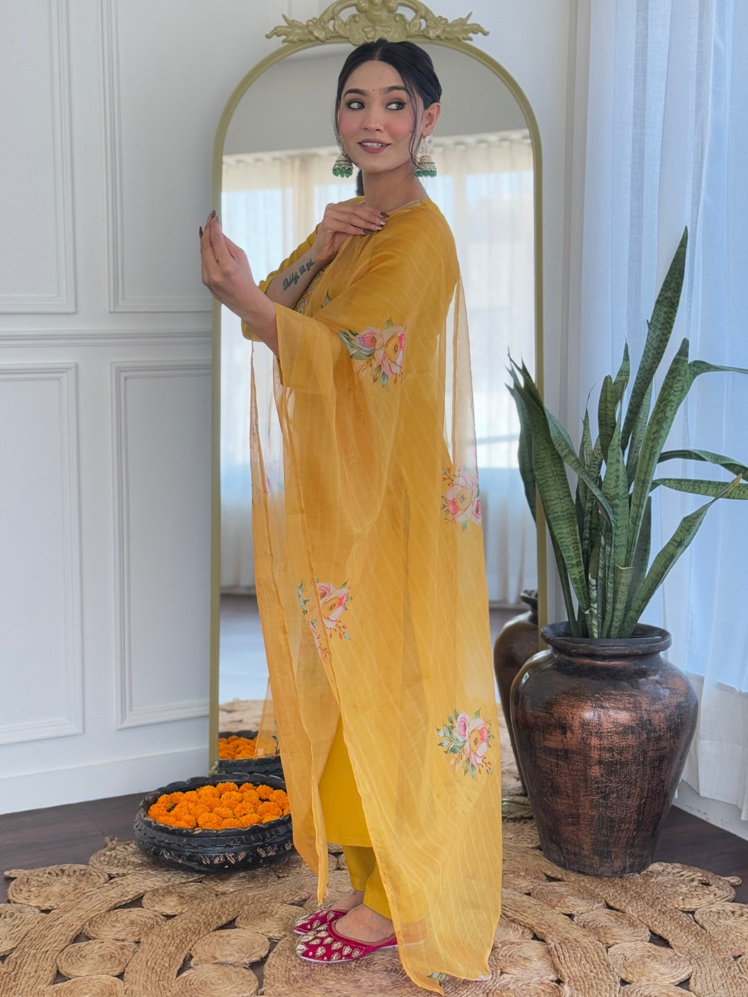 Mustard Rayon Elegant Kurta Pant Set With Embroidery Work