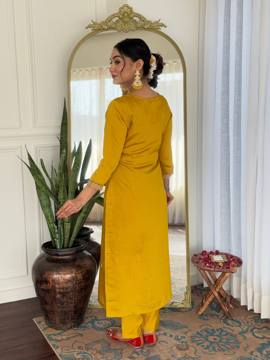 Mustard Rayon Elegant Kurta Pant Set With Embroidery Work