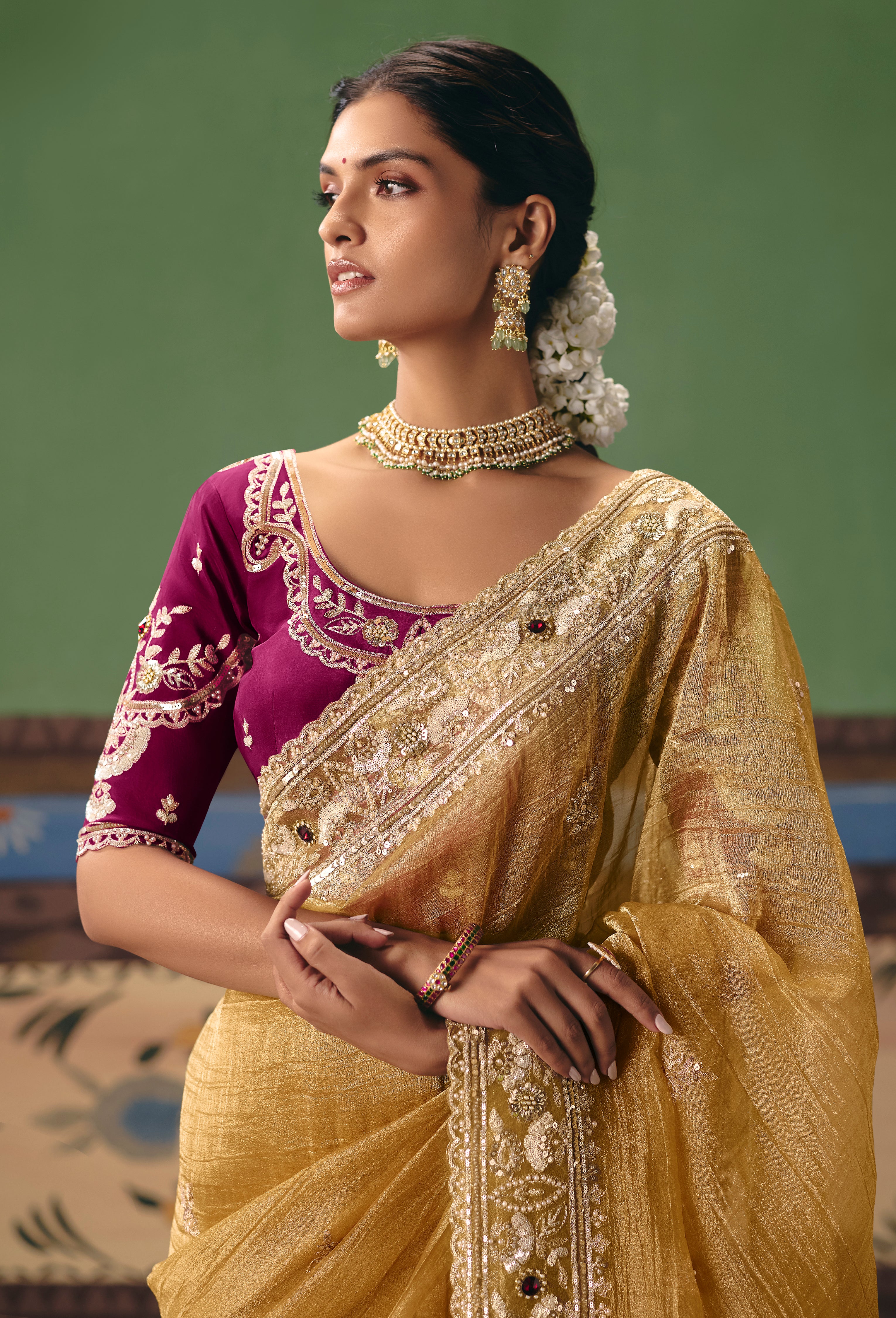 Mustard Saree With  Heavy Designer Embroidery, Sequince, Stone, Pearl With Beads Work