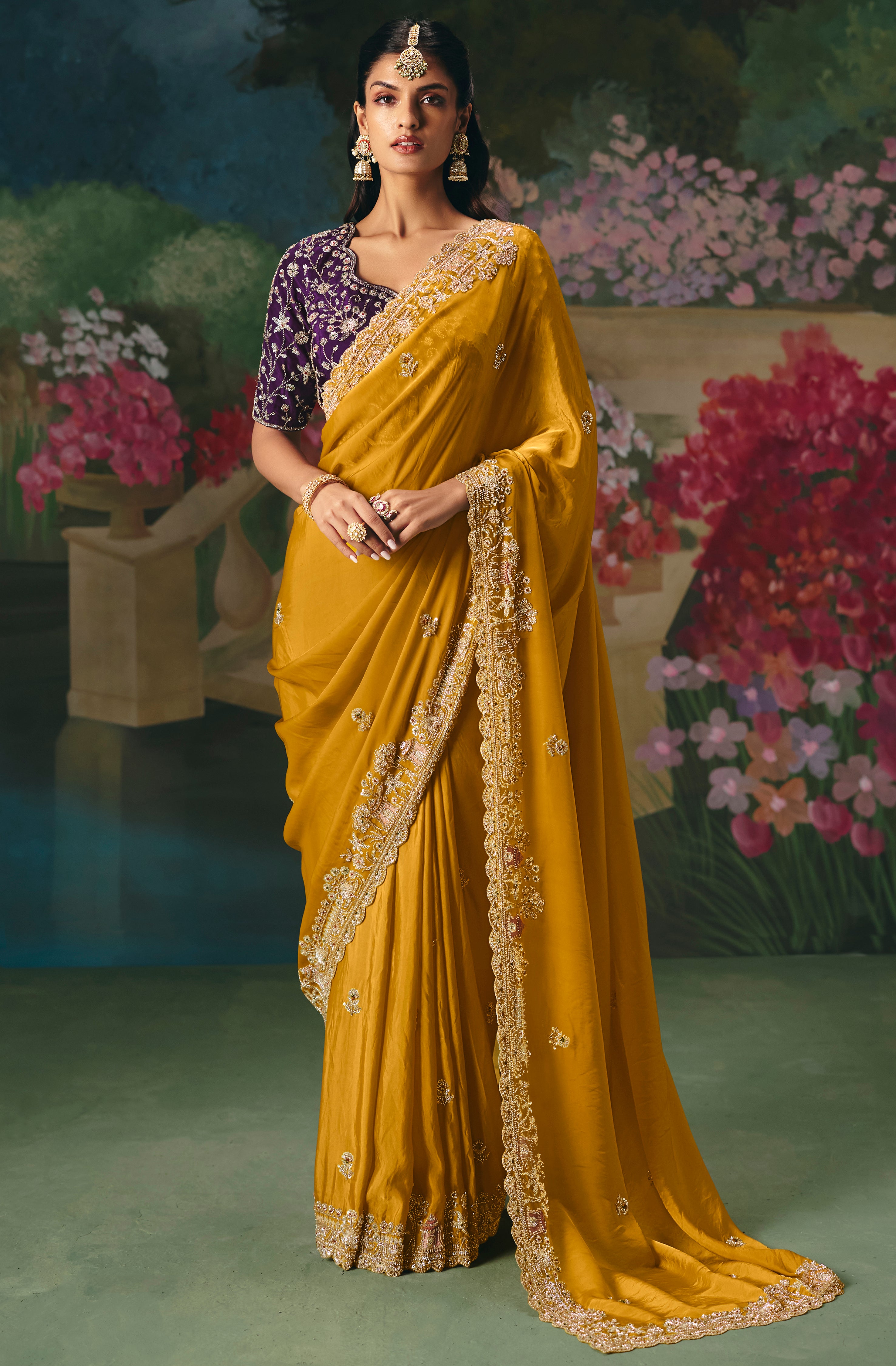 Mustard Saree With  Heavy Designer Embroidery, Sequince, Stone, With Beads Work