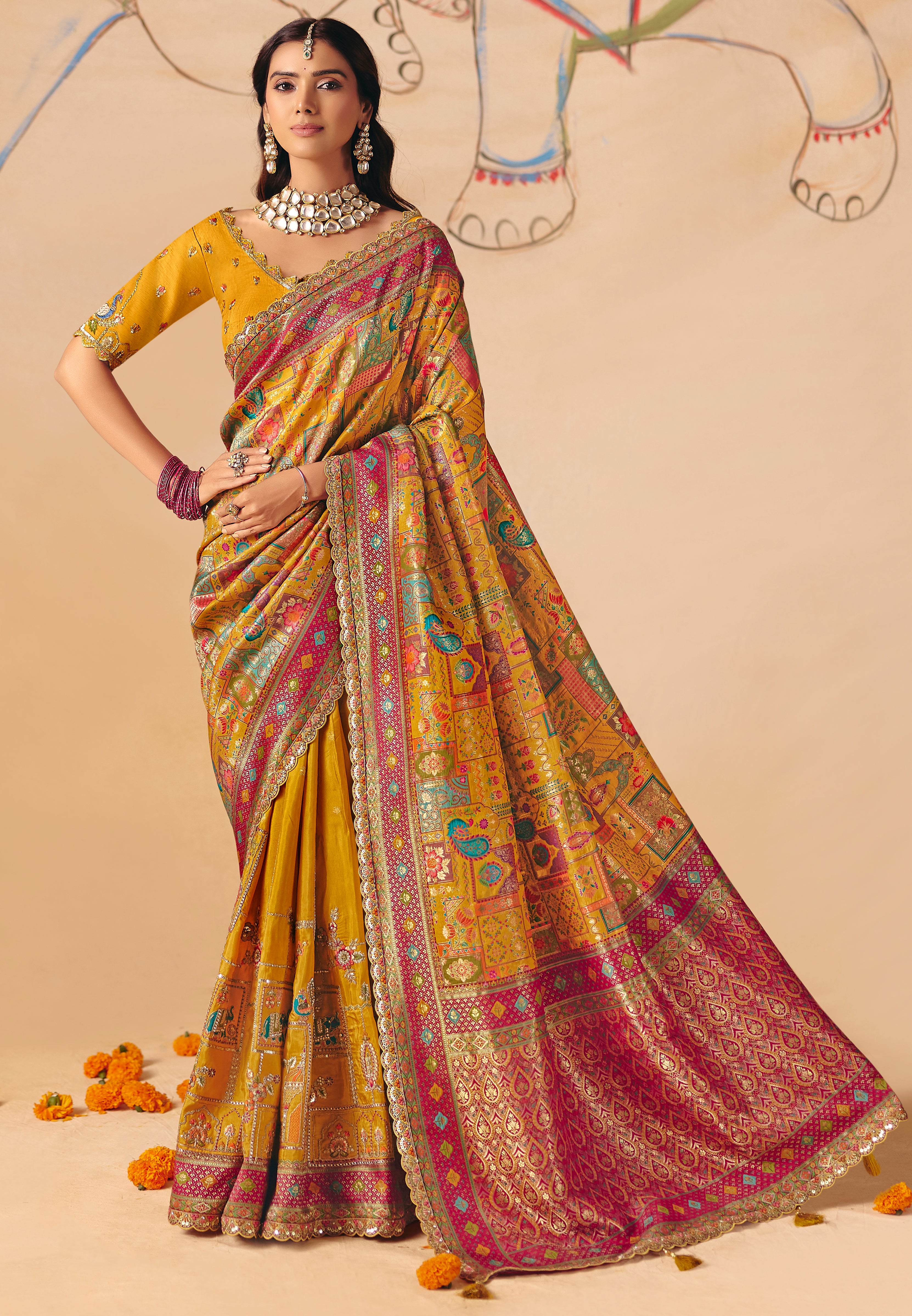 Mustard Saree With  Heavy Embroidery, Sequin, Thread, and Stone Work On Patli & Cutwork Lace With Heavy Work Blouse