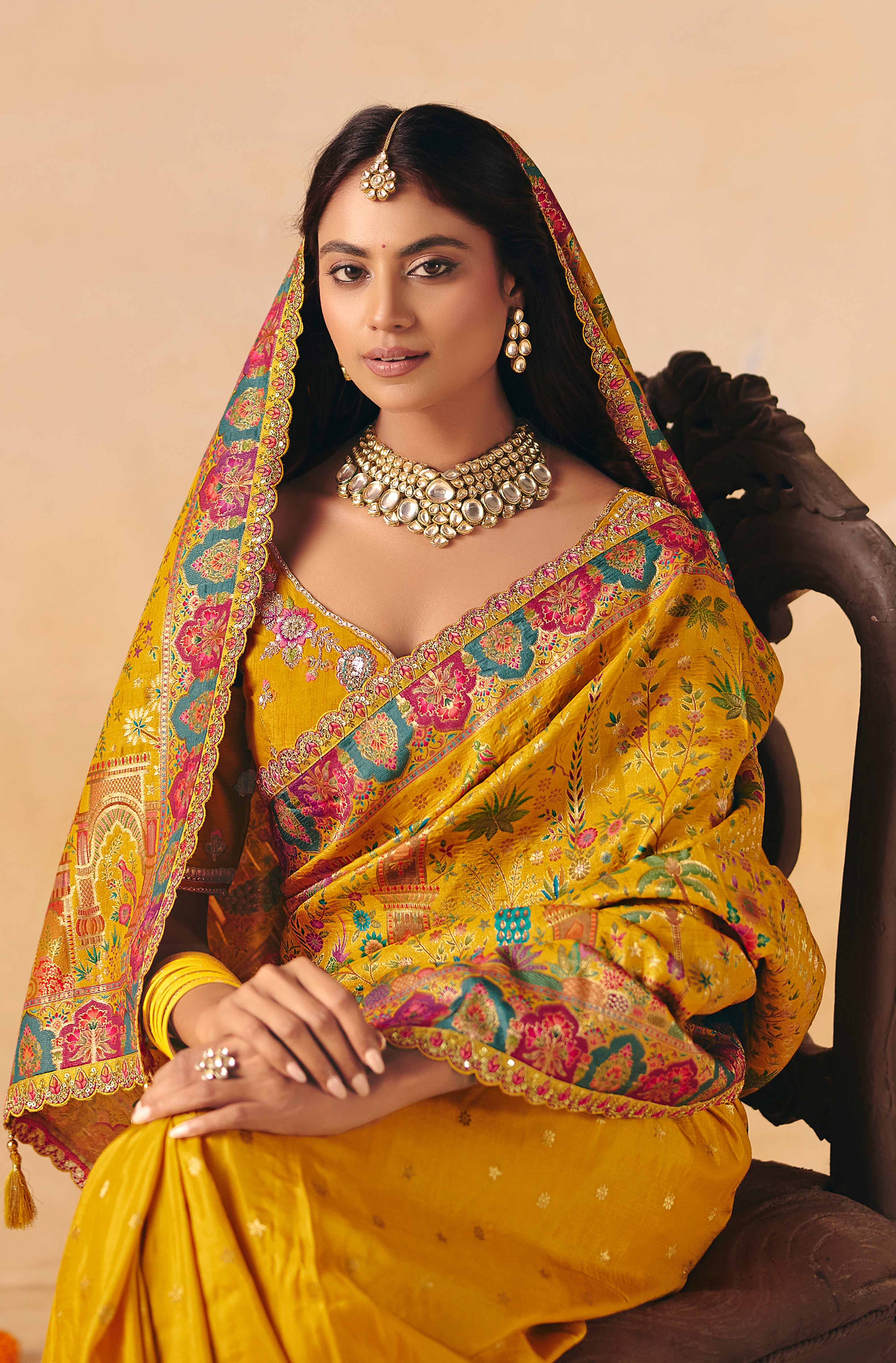 Mustard Saree With  Heavy Embroidery, Sequin, Thread, and Stone Work On Patli & Cutwork Lace With Heavy Work Blouse