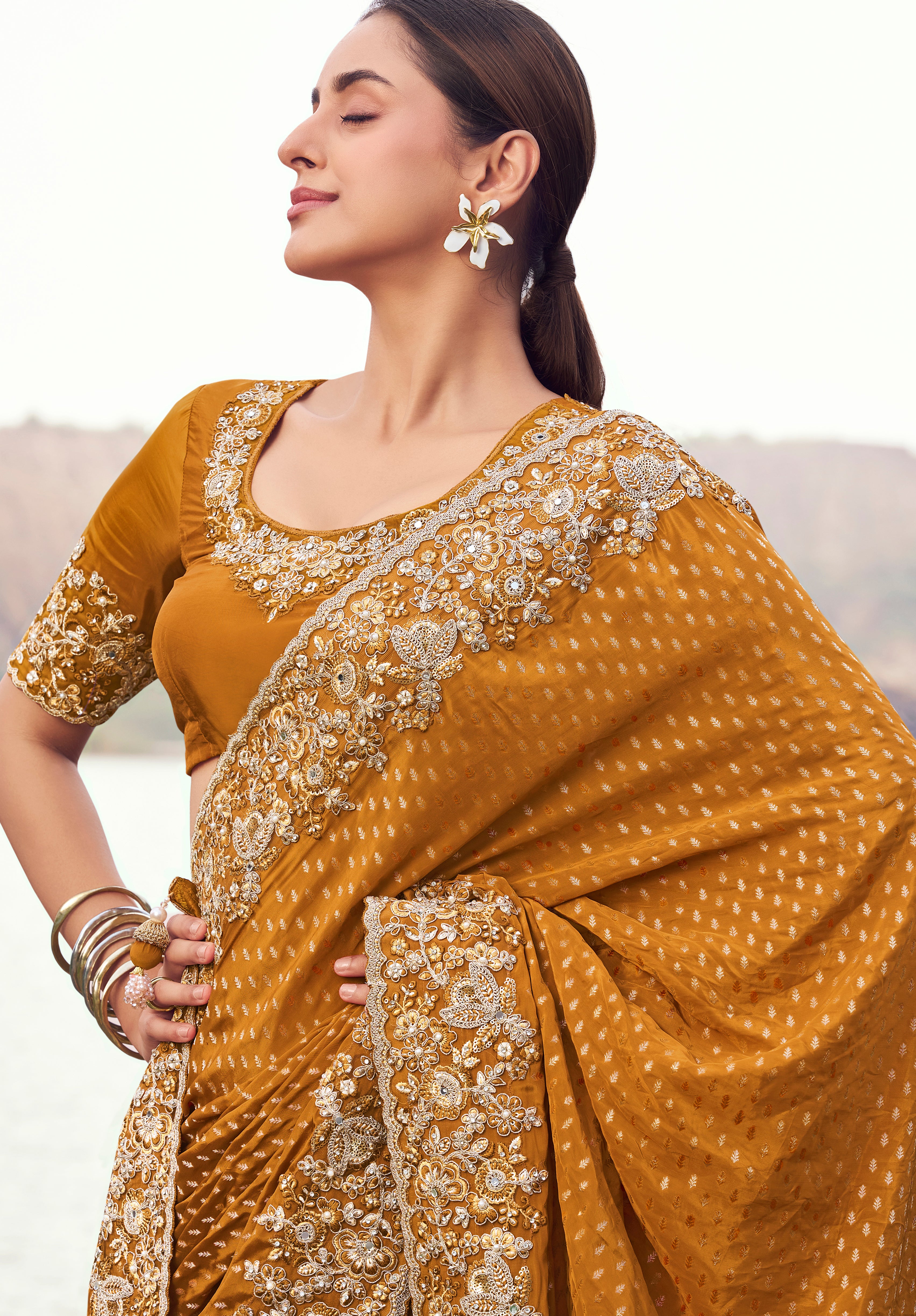 Mustard Saree With  Jacquard Woven With Embroidered Border & Blouse