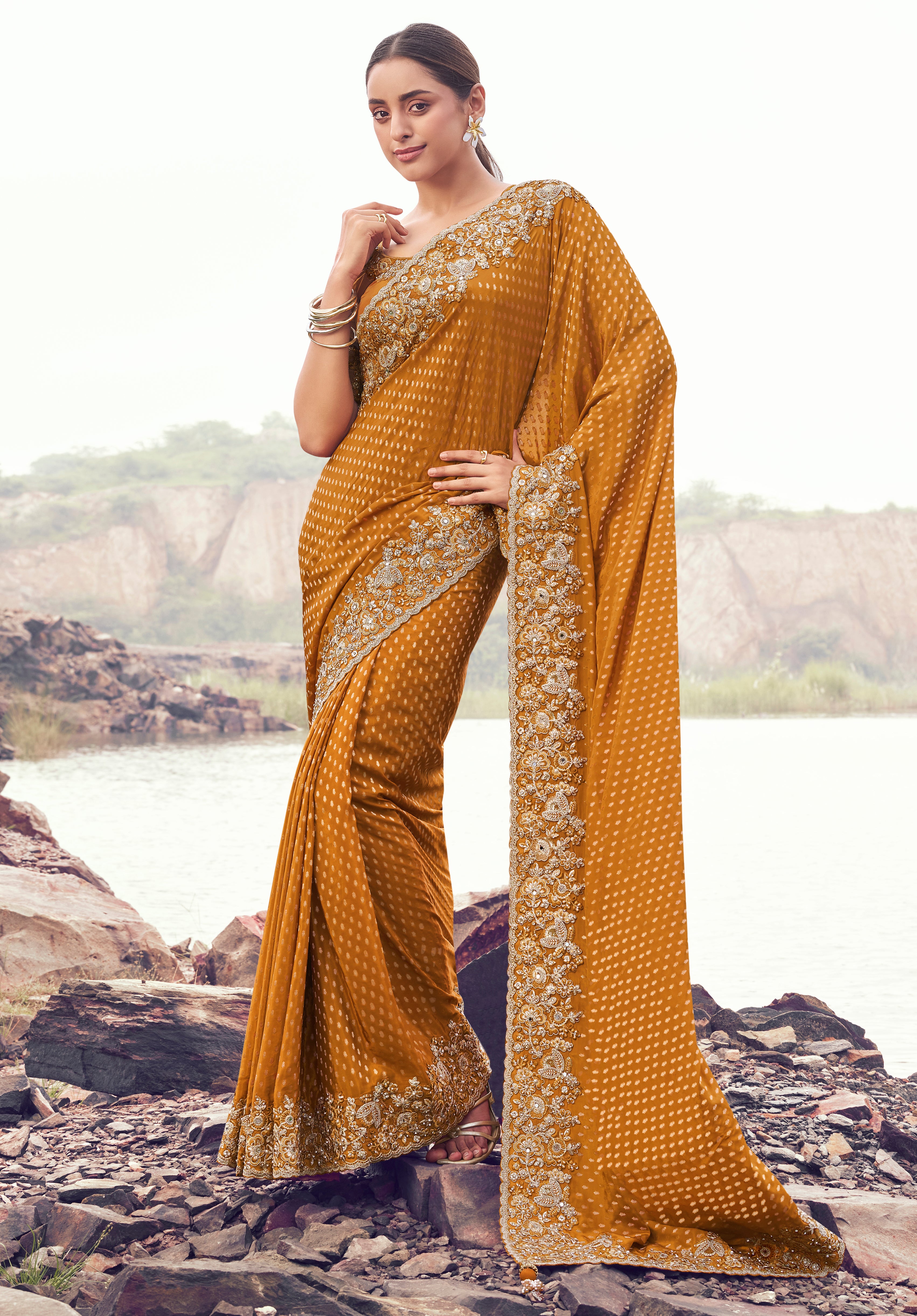 Mustard Saree With  Jacquard Woven With Embroidered Border & Blouse