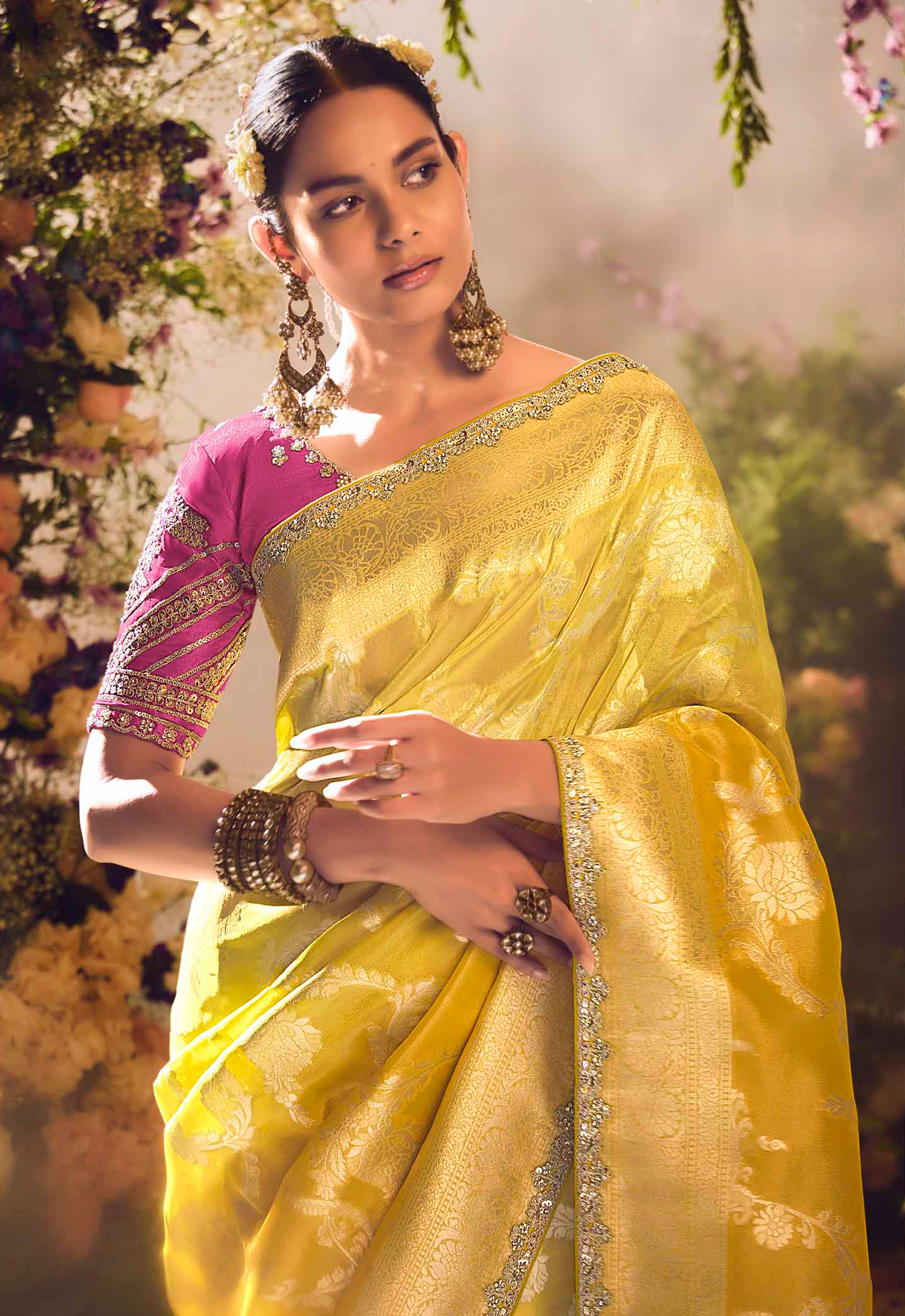 Mustard Saree With  Jacquard Woven Work with Embroidered Lace Border