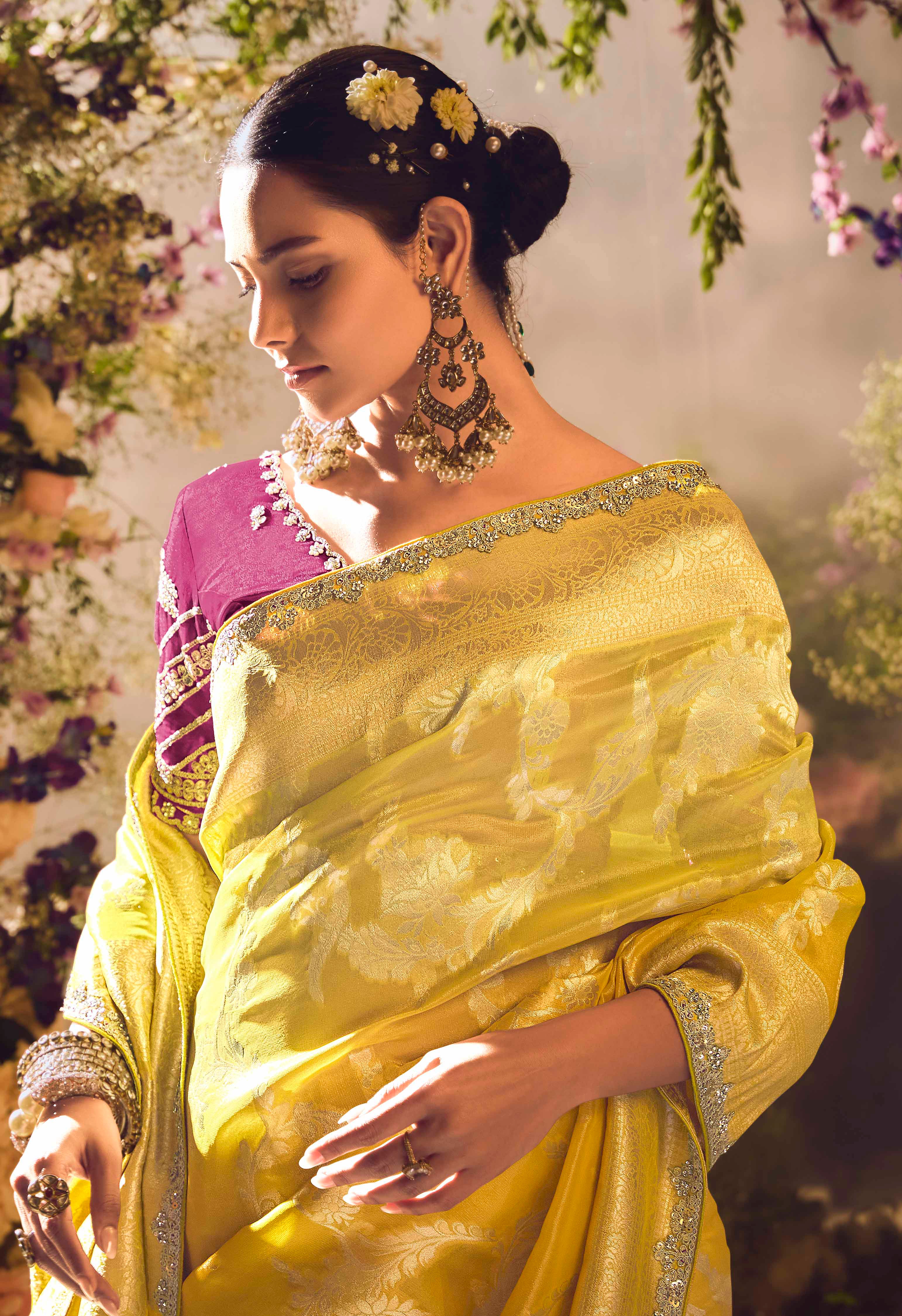 Mustard Saree With  Jacquard Woven Work with Embroidered Lace Border