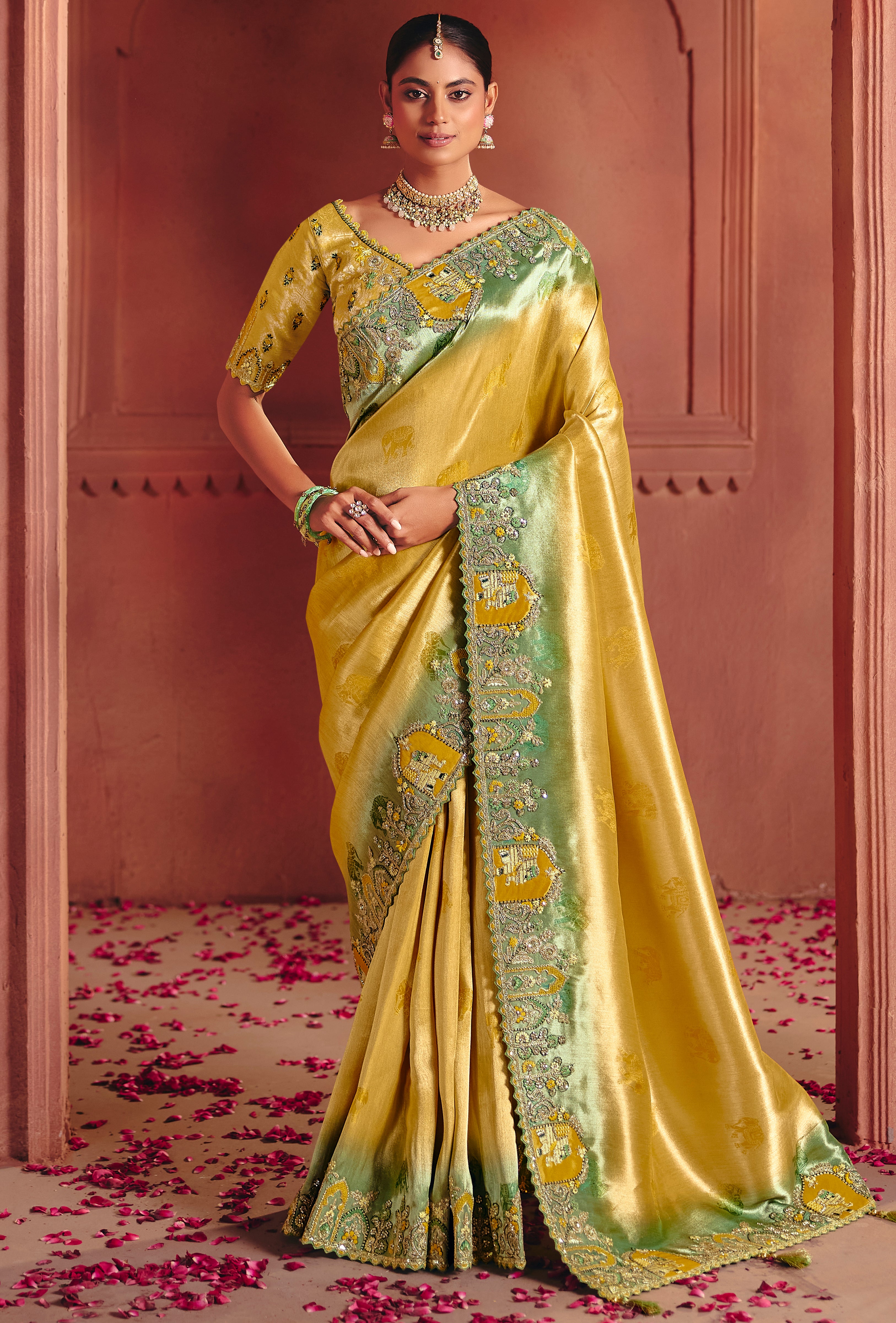 Mustard Saree With  Sequin, Thread, Weaving Heavy Embroidery Work  With Heavy Embroidery Work Blouse