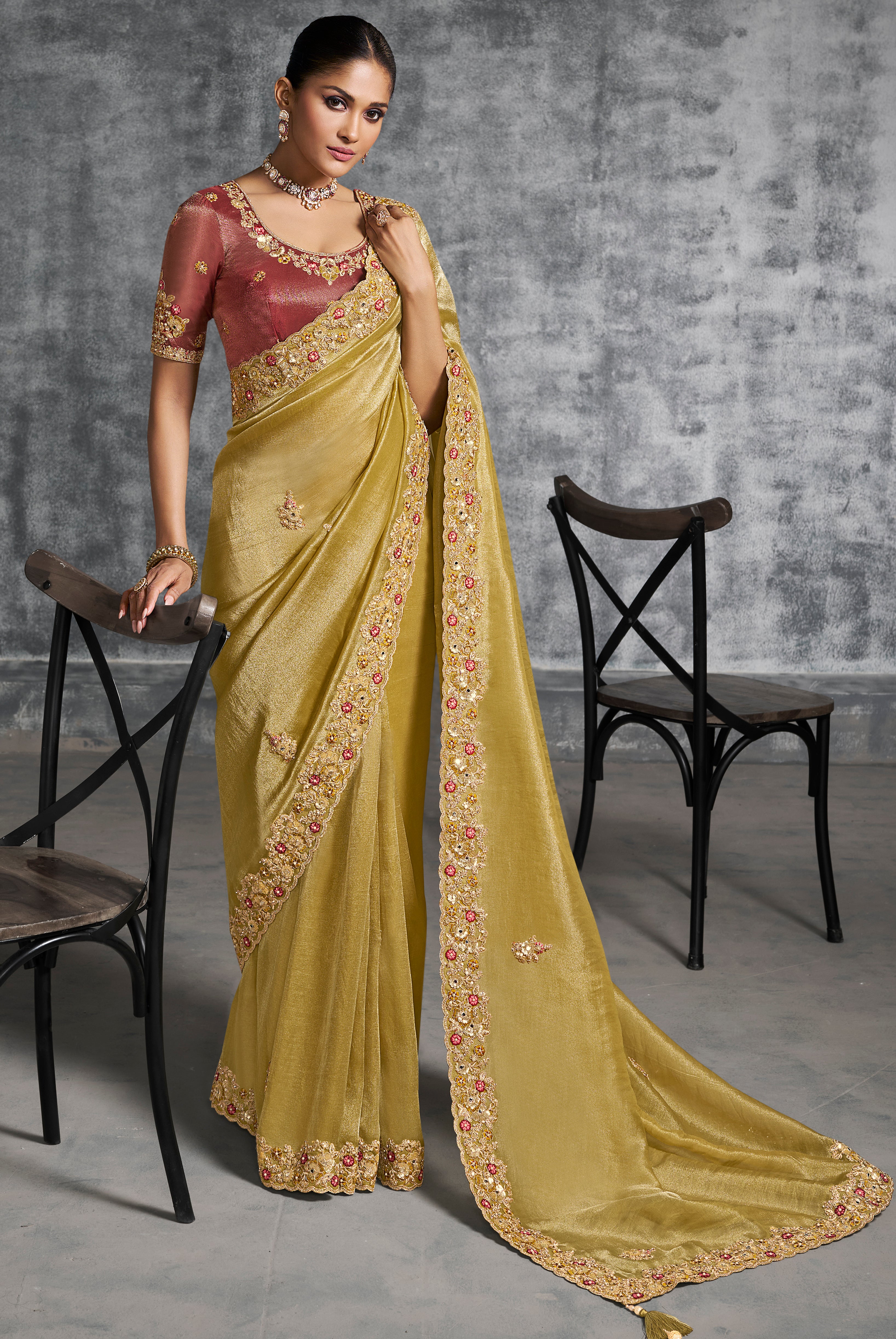 Mustard Saree With  Thread Embroidery Work ,Hand-Finished Stone & Mirror work With Embroidery Blouse
