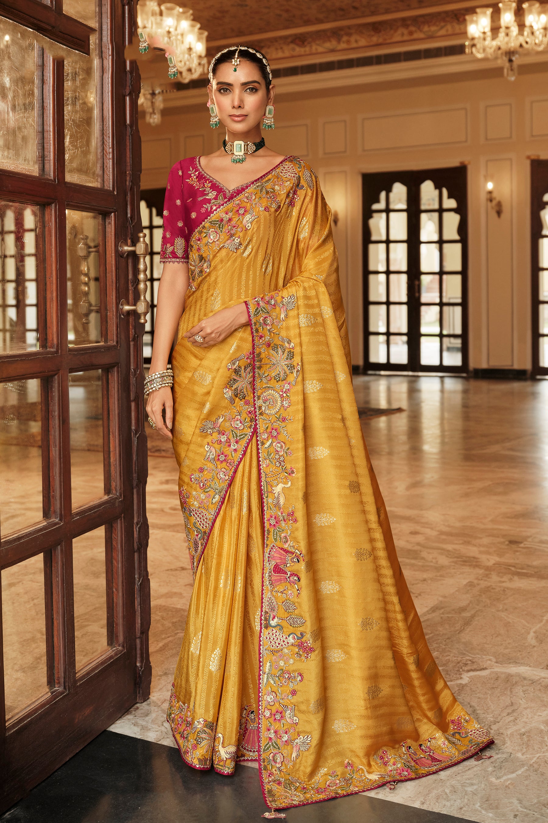 Mustard Saree With  Zari weaving With Heavy Thread Embroidery With khatli work