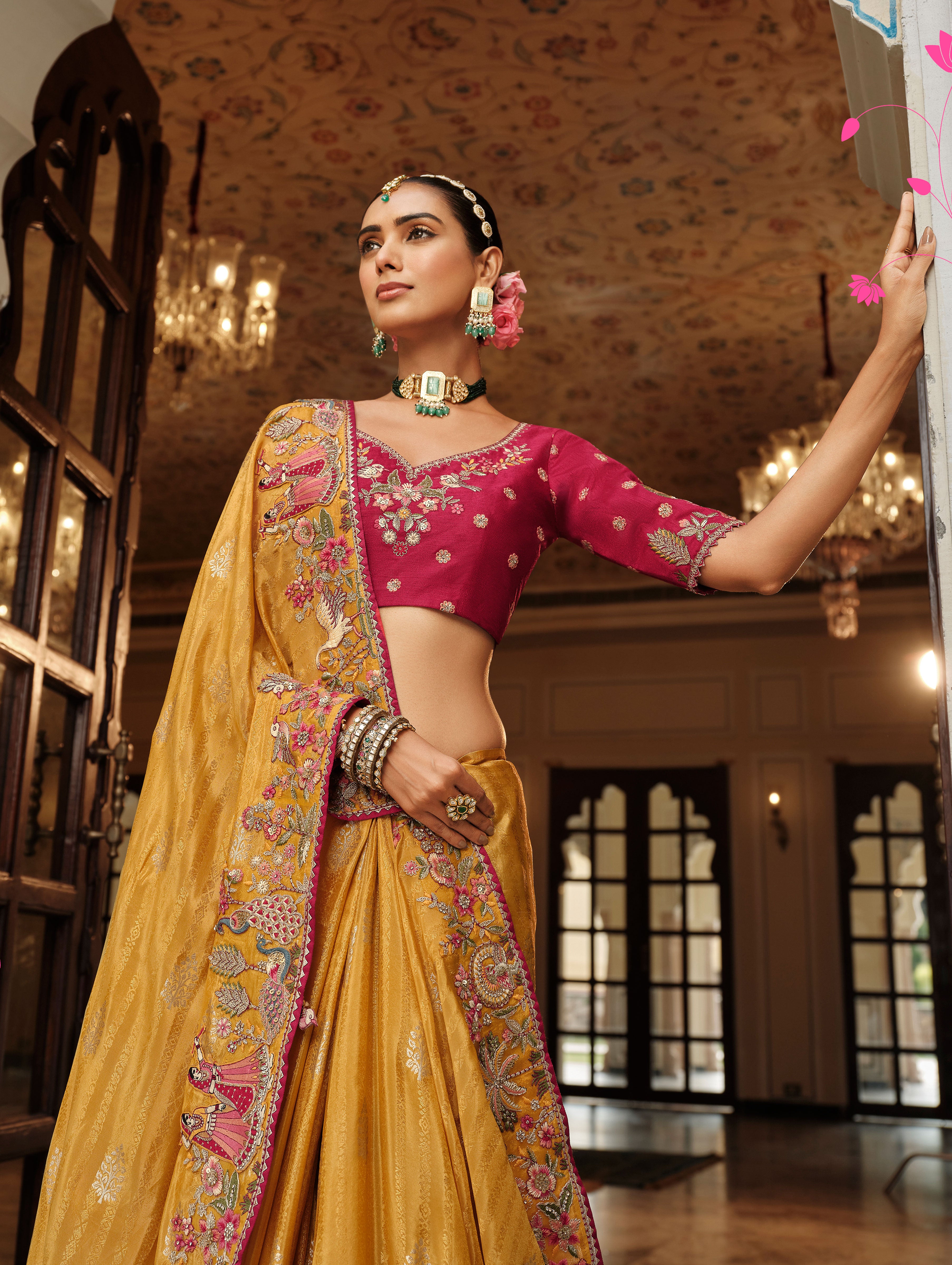 Mustard Saree With  Zari weaving With Heavy Thread Embroidery With khatli work