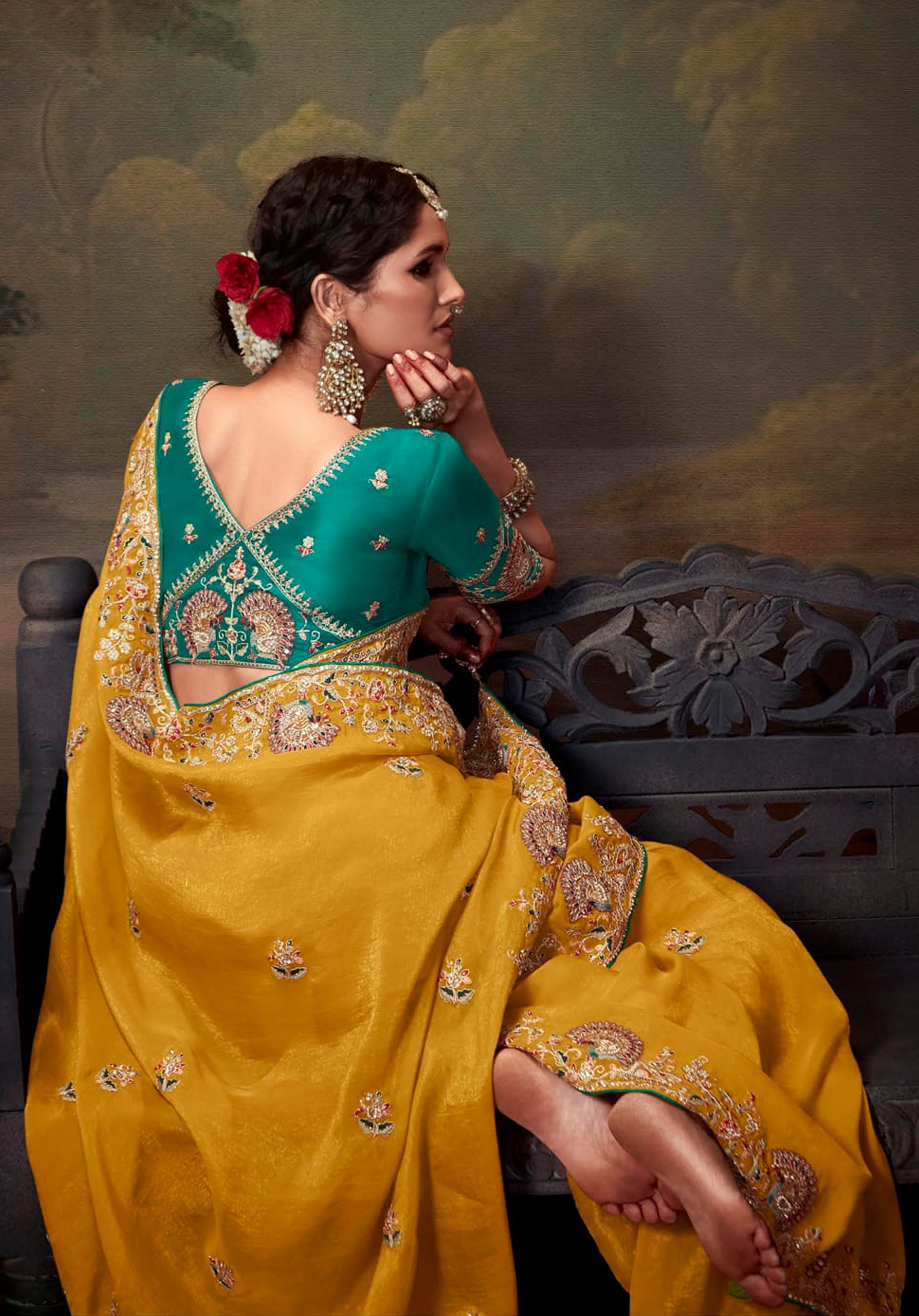 Mustard Saree with Heavy Thread Embroidery Sequins Work and Embroidery Blouse
