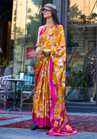 Mustard Satin Saree With  Digital Print