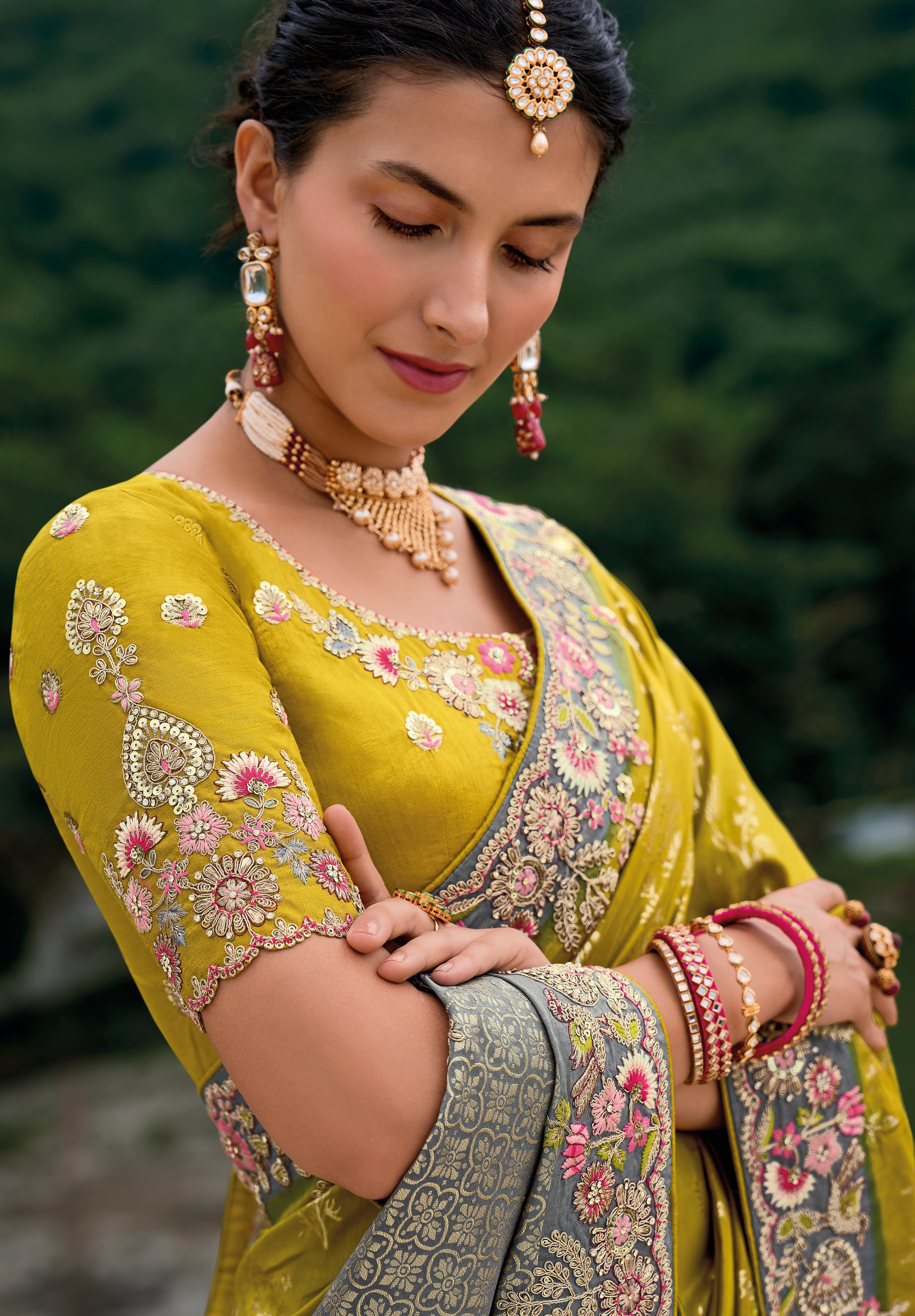 Mustard Silk Saree With  Jacquard Woven and Embroidery Work