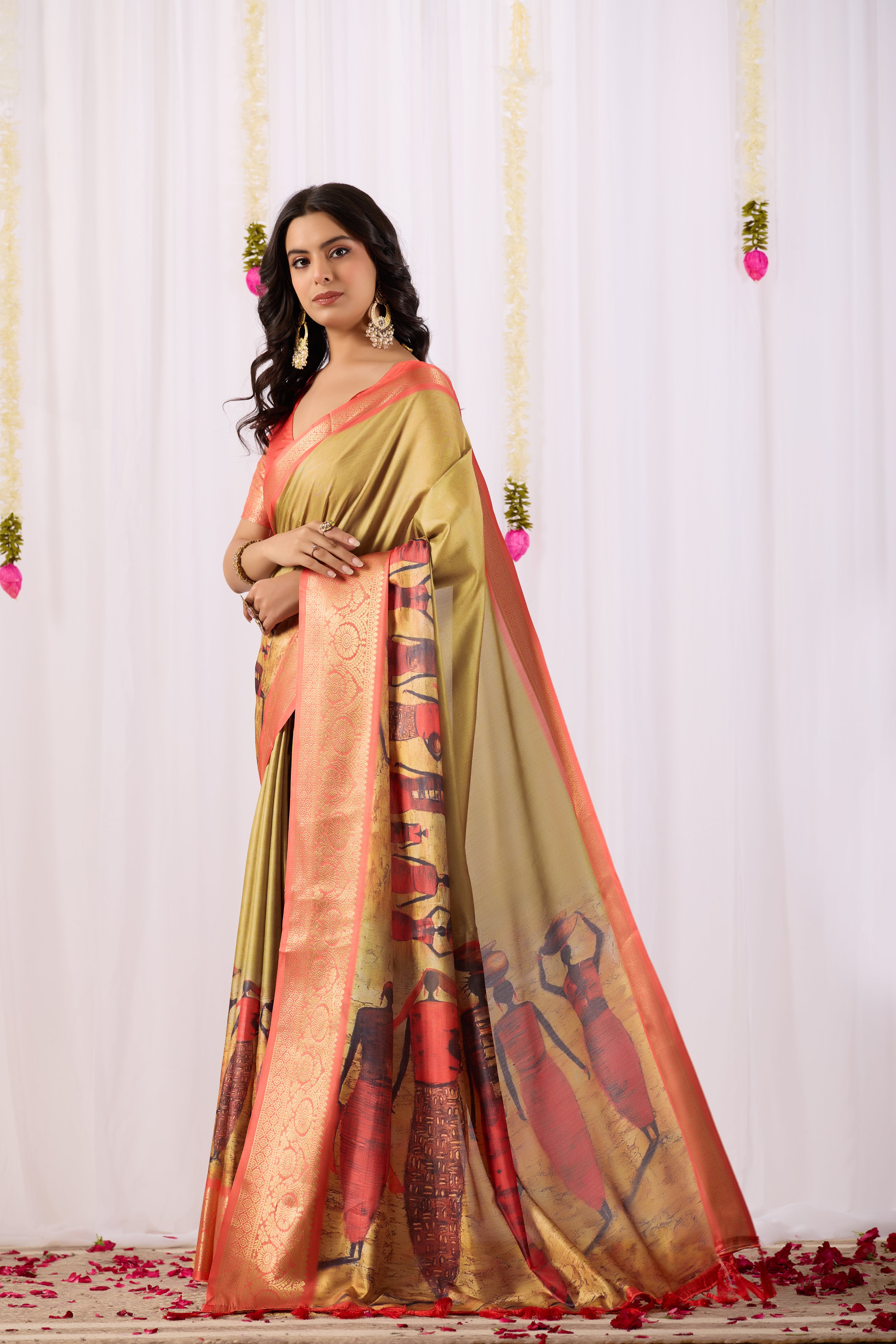 Mustard Soft Lichi Silk Saree With Digital Printed Festive Traditional Saree