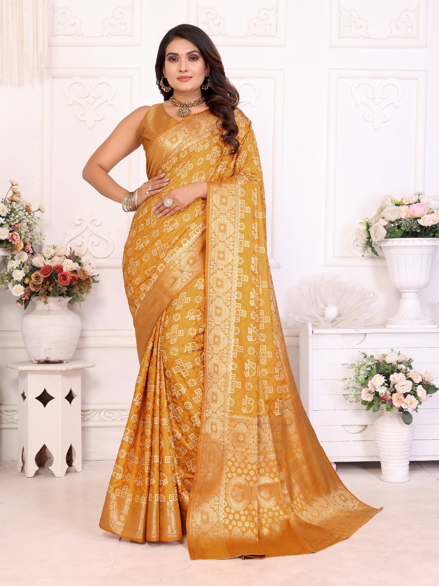 Mustard Soft Satin Silk Saree With Elegant Allover Zari Weaving
