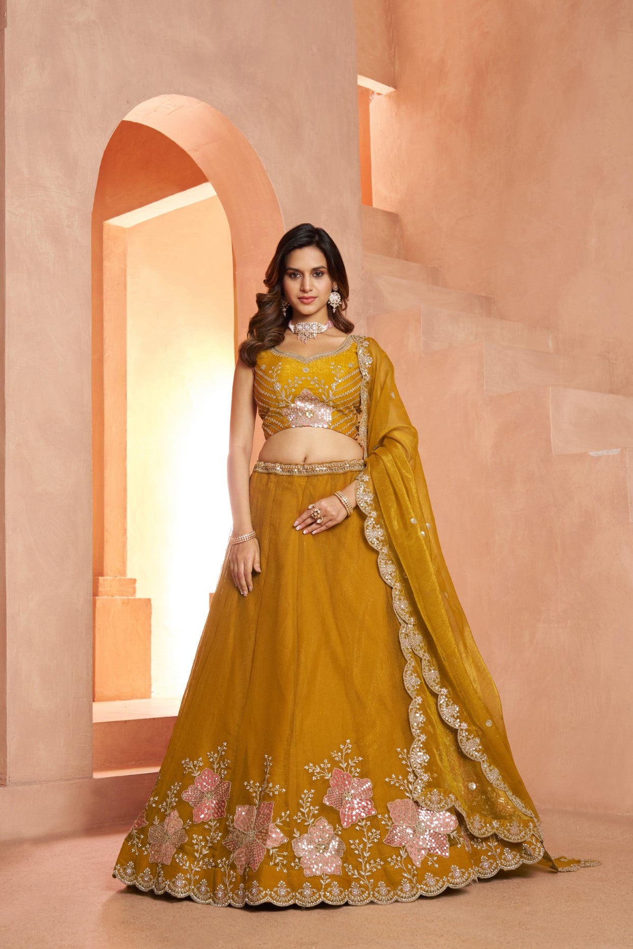 Mustard Tissue Floral Embroidered Designer Bridal Lehenga Choli Set