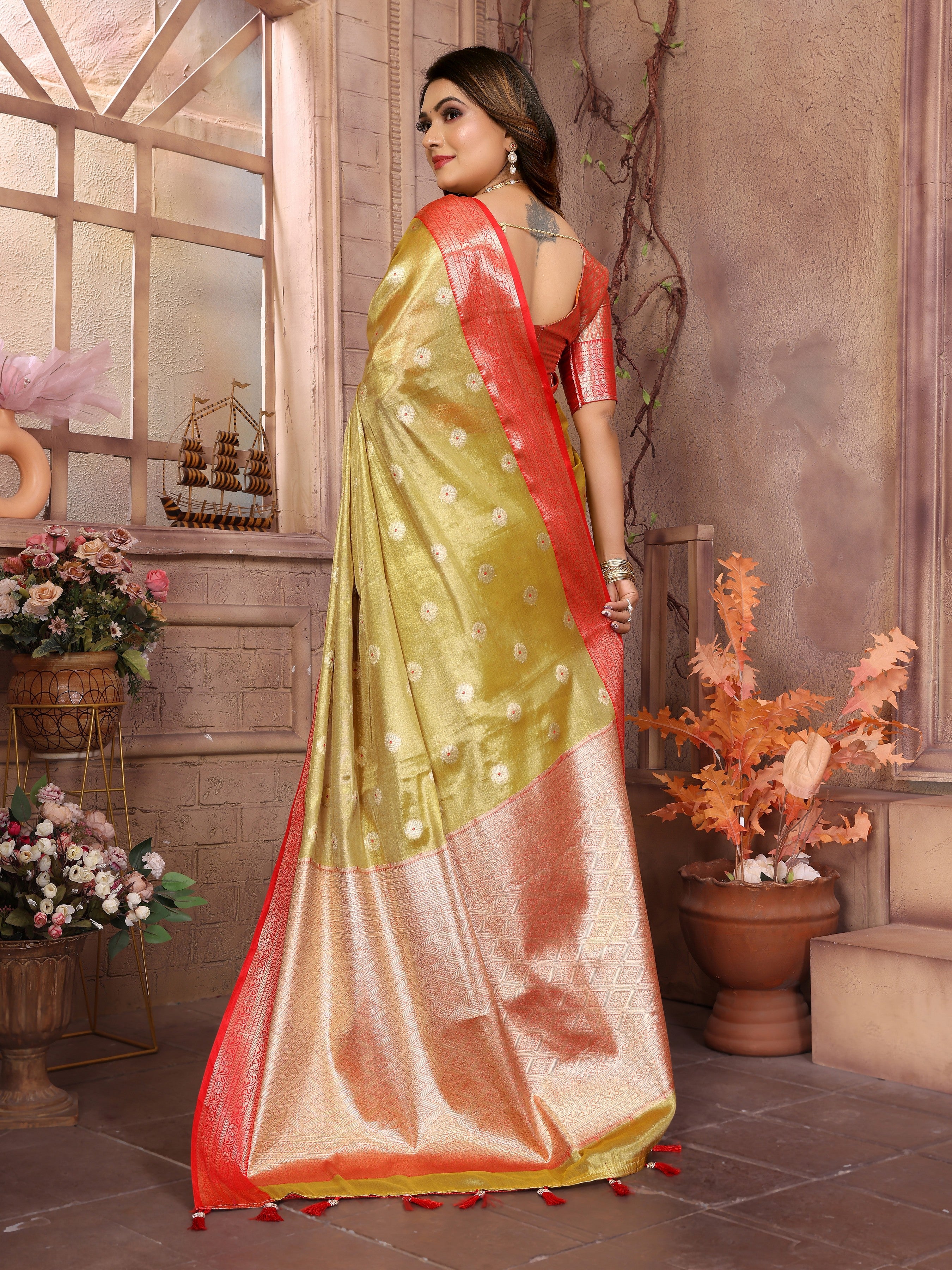 Mustard Tissue Silk Ethnic Saree With Woven Handloom Designer