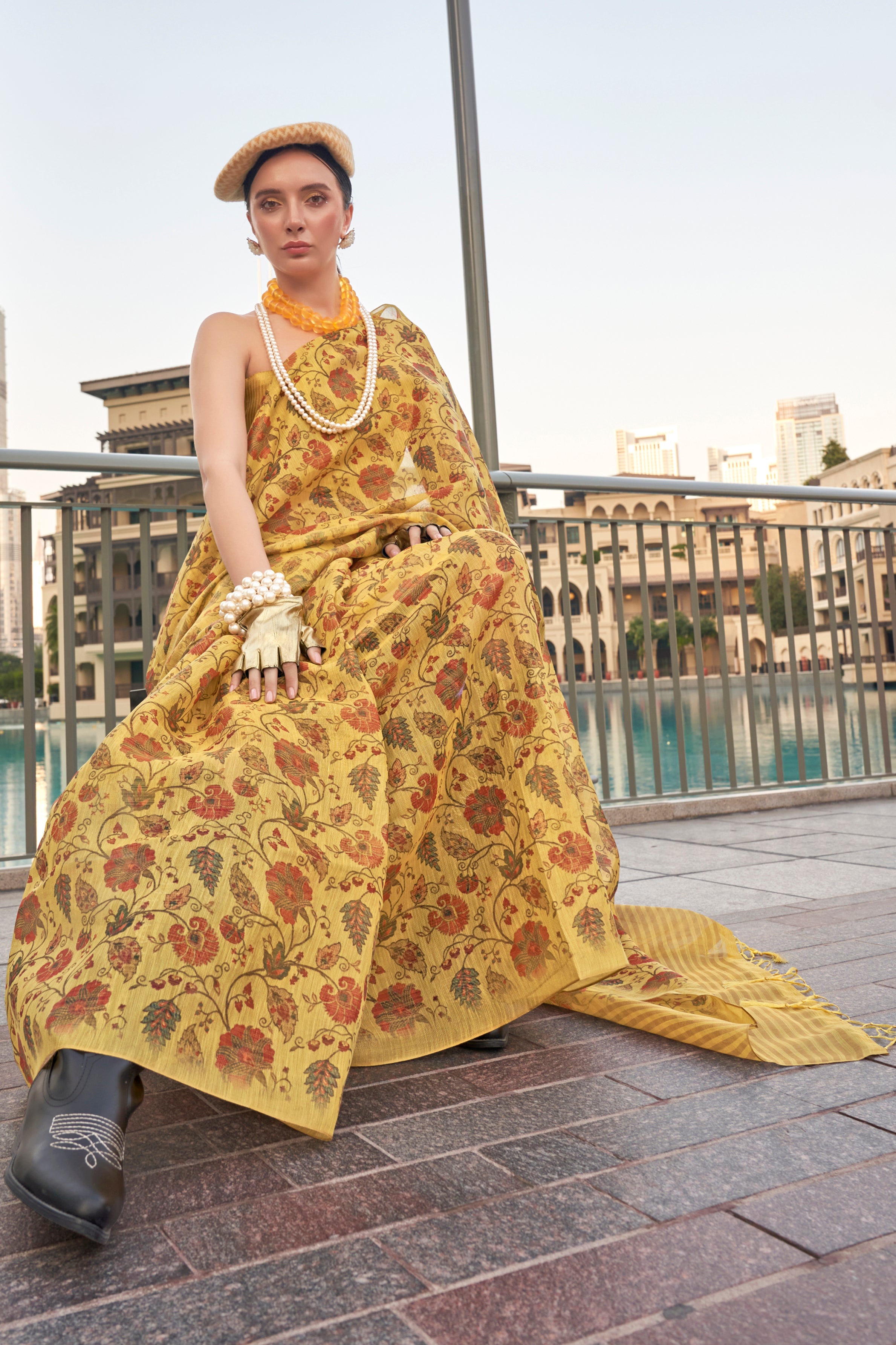 Mustard Tissue Silk Saree With  Printed