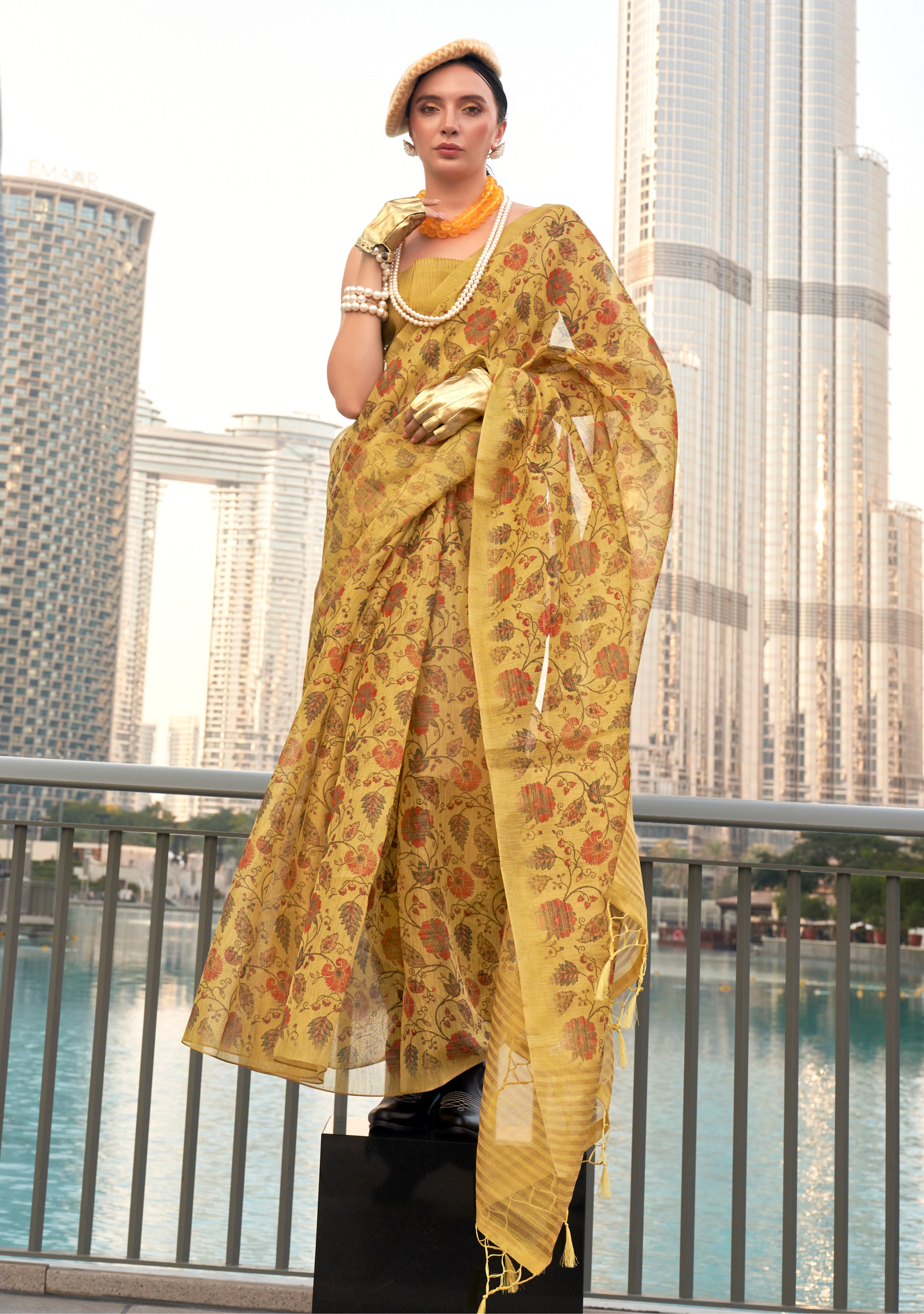 Mustard Tissue Silk Saree With  Printed