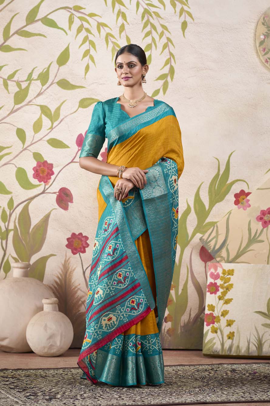 Mustard Tussar Chex Saree with Patola Print & Weaving Border