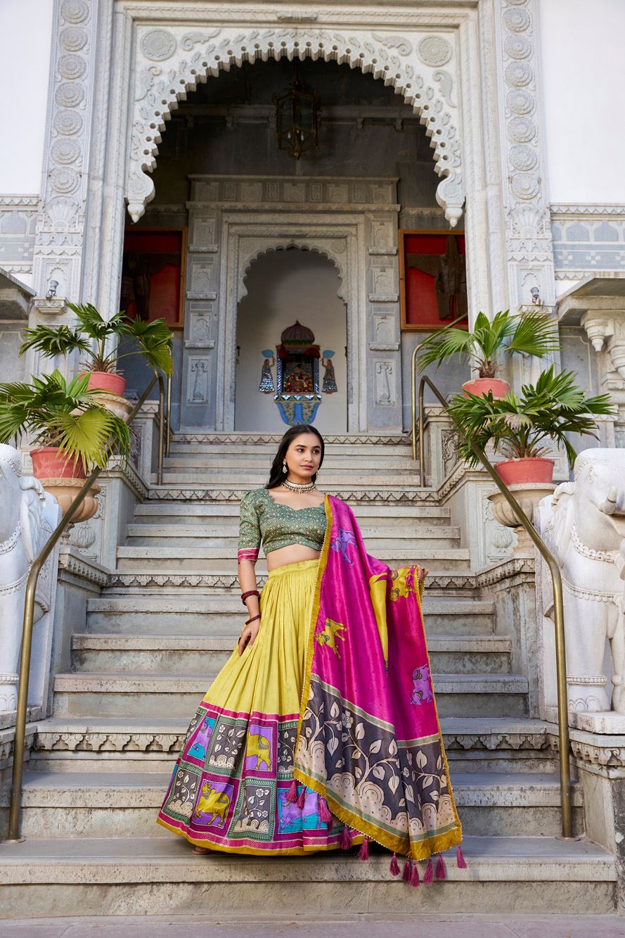 Mustard Tussar Silk Lehenga with Kalamkari Print and Elegant Foil Work Accents