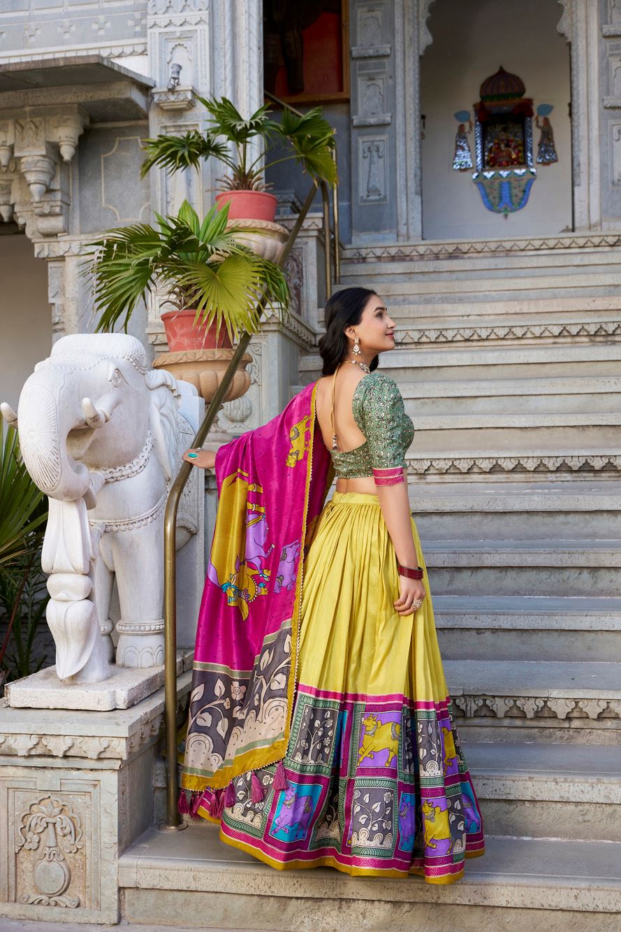 Mustard Tussar Silk Lehenga with Kalamkari Print and Elegant Foil Work Accents