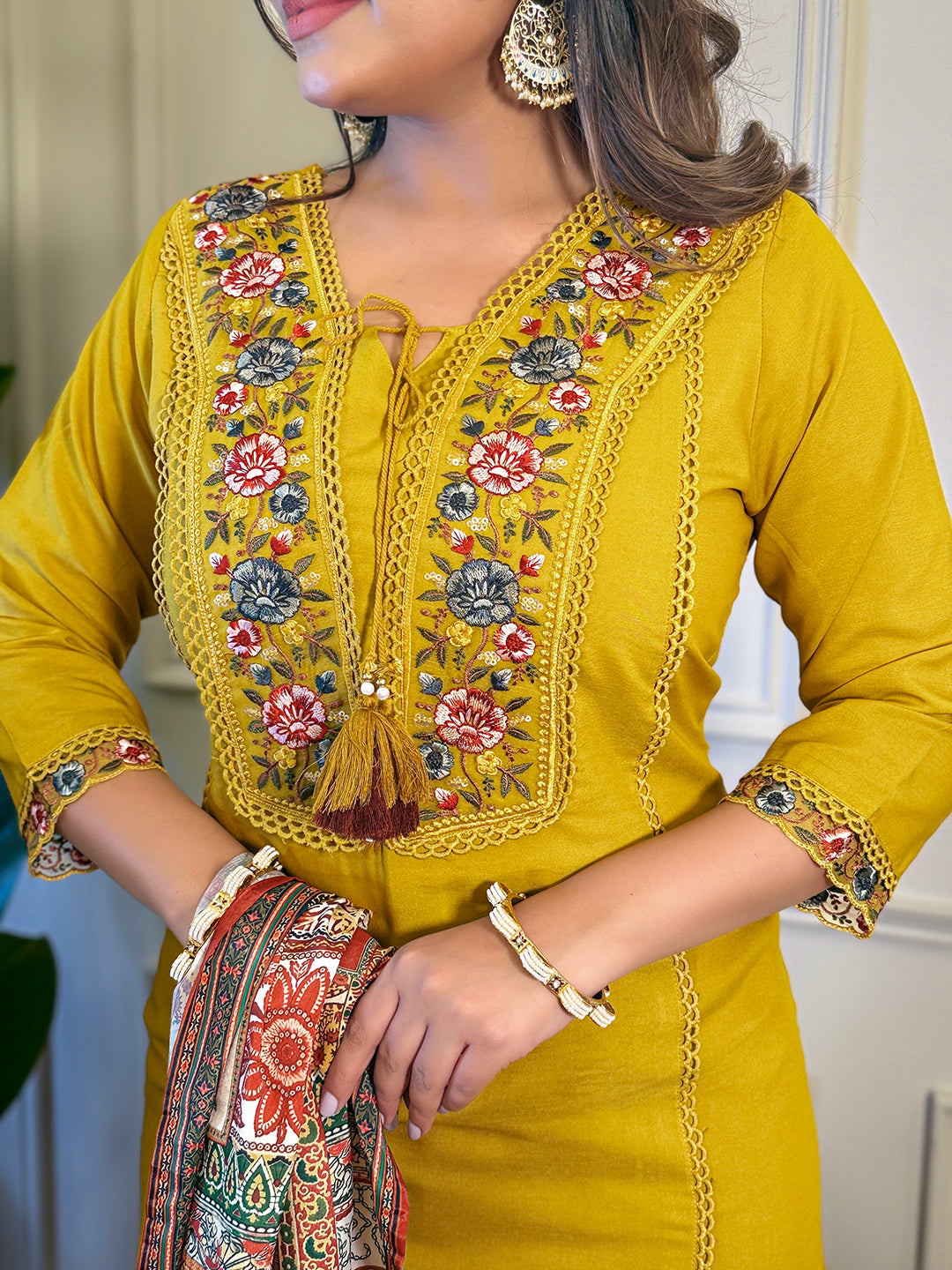 Mustard Viscose Elegant Kurta Pant Set With Embroidery Work