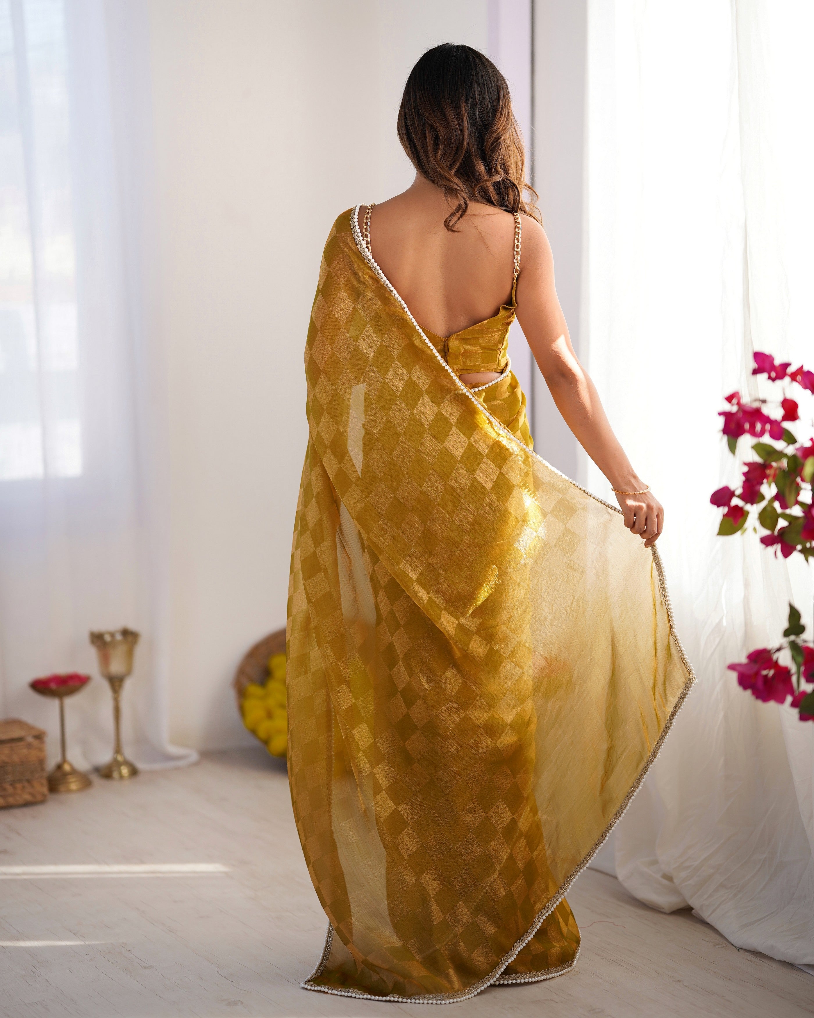 Mustard Woven Chiffon Ethnic Bollywood Party Saree