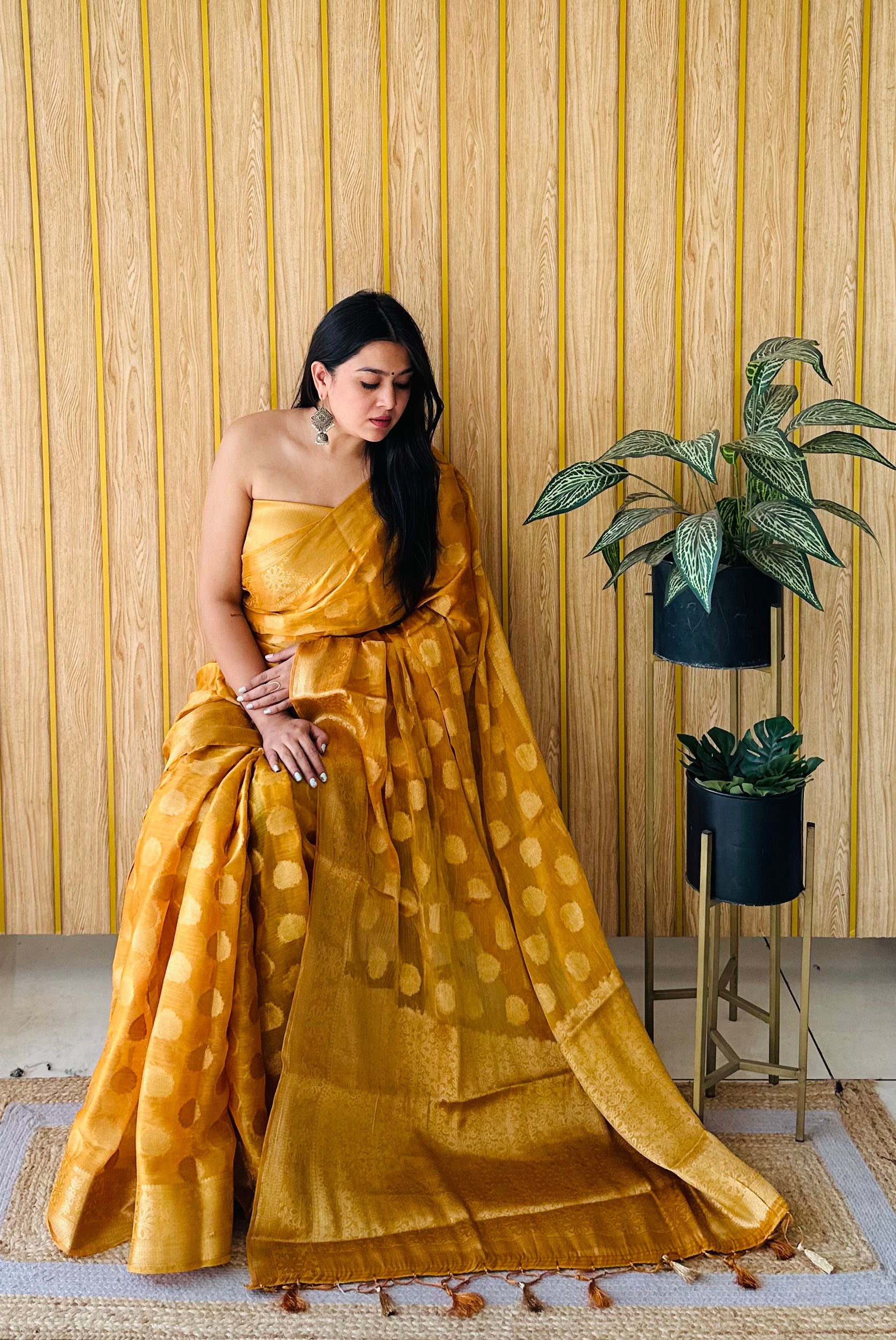 Mustard Woven Jari Designer Gimichu Silk Partywear Saree