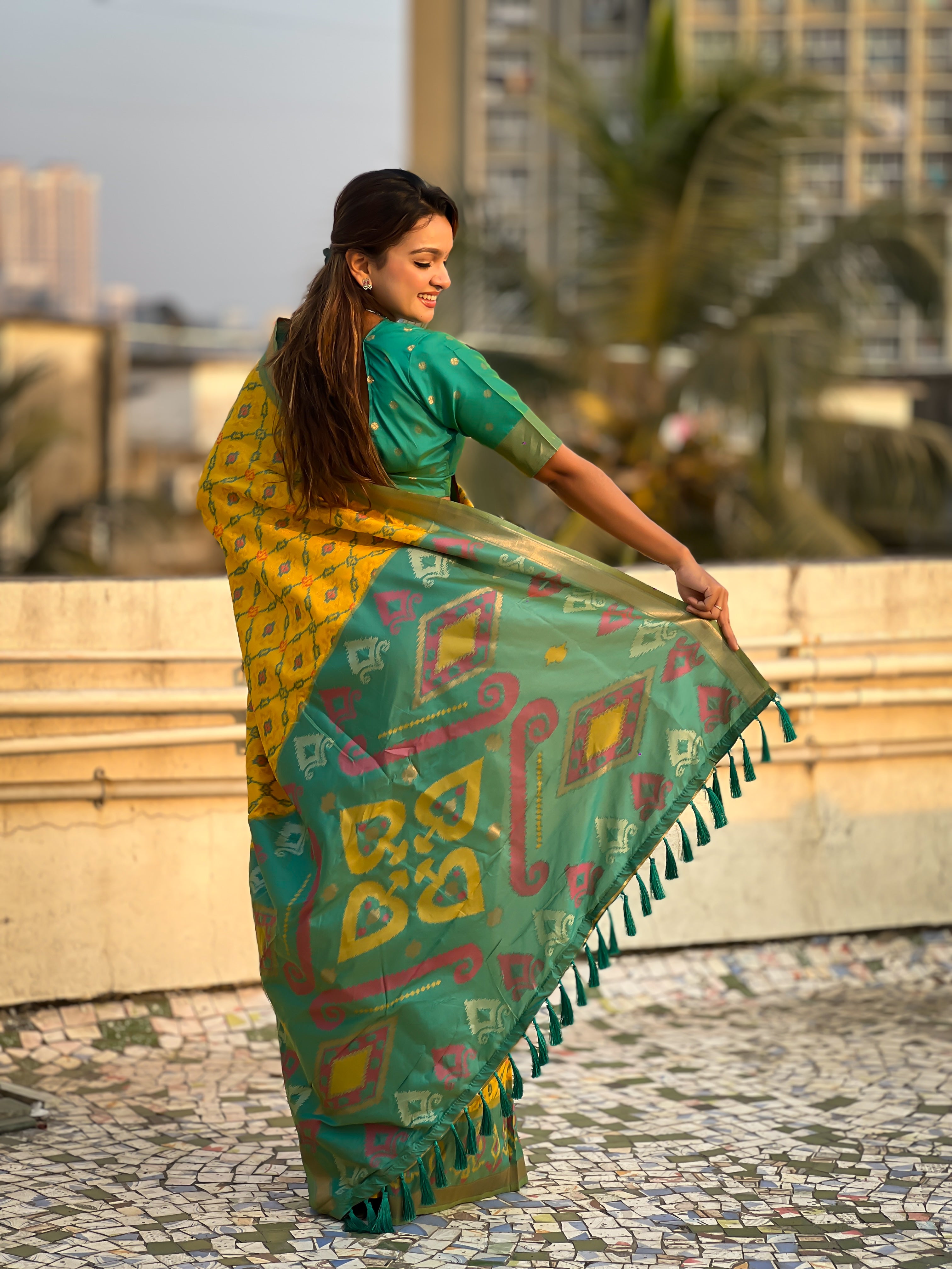 Mustard Woven Meenakari Ikkat Designer Patola Silk Ceremonial Saree