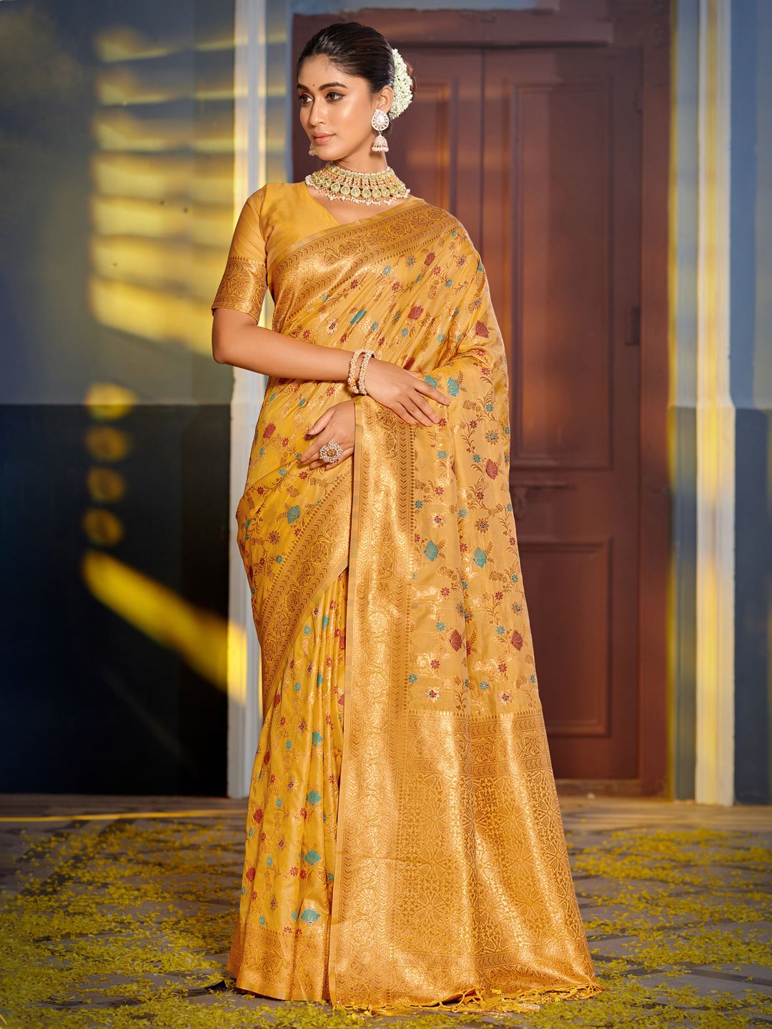 Mustard Yellow Color Woven Design Banarasi Silk Saree