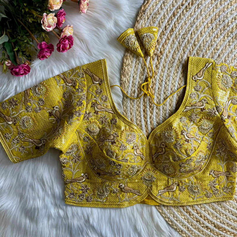 Mustard Yellow Luxury Bird Motif Bridal Blouse  Roman Silk Designer Wedding Wear