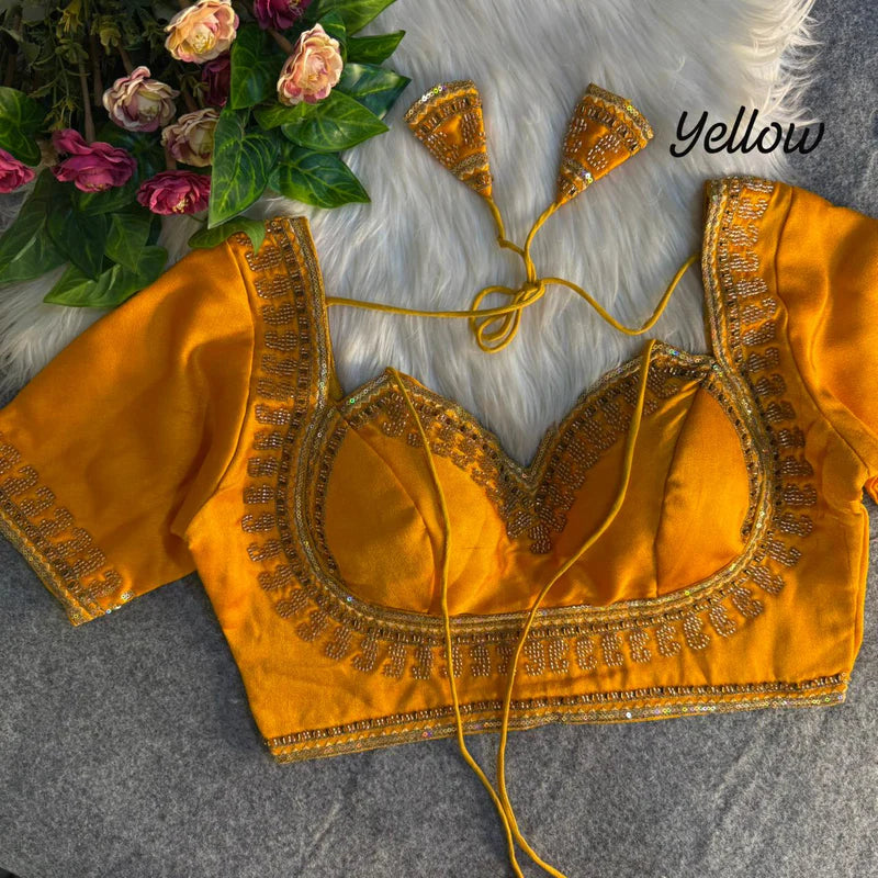 Mustard Yellow Royal Beads Work Bridal Blouse  Italian Silk Designer Couture Wear